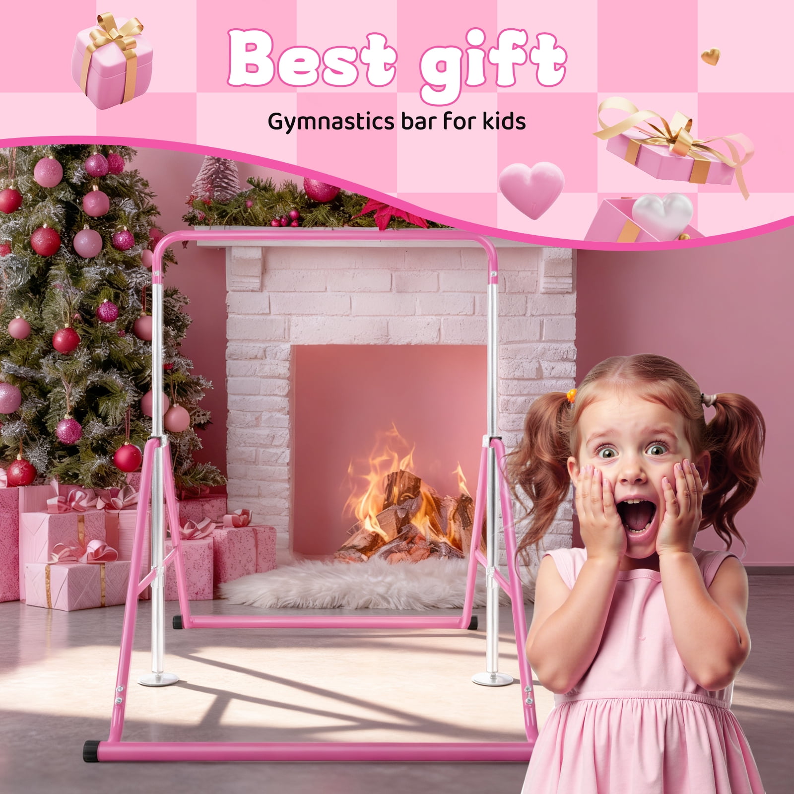 Primy Gymnastics Bar for Kids, Height Adjustable Horizontal Training Bar, Foldable Home Exercise Equipment (Pink, 150 lb Capacity) zca0t