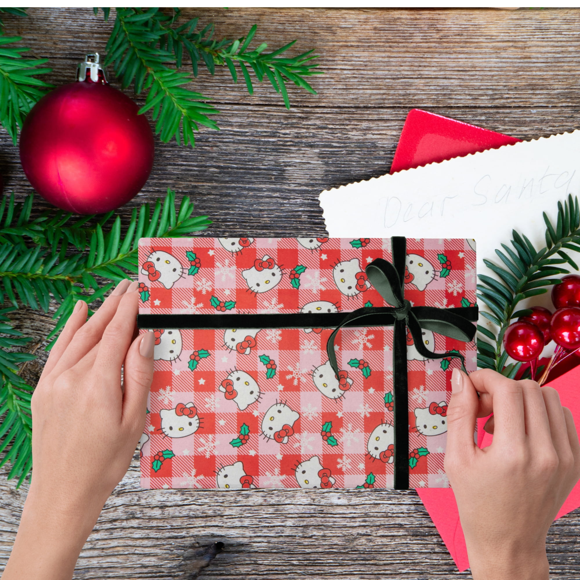 Greenbrier International Hello Kitty Christmas Wrapping Paper, Festive Red Plaid Gift Wrap for Holidays and Birthdays (50 sq ft) mwlfx