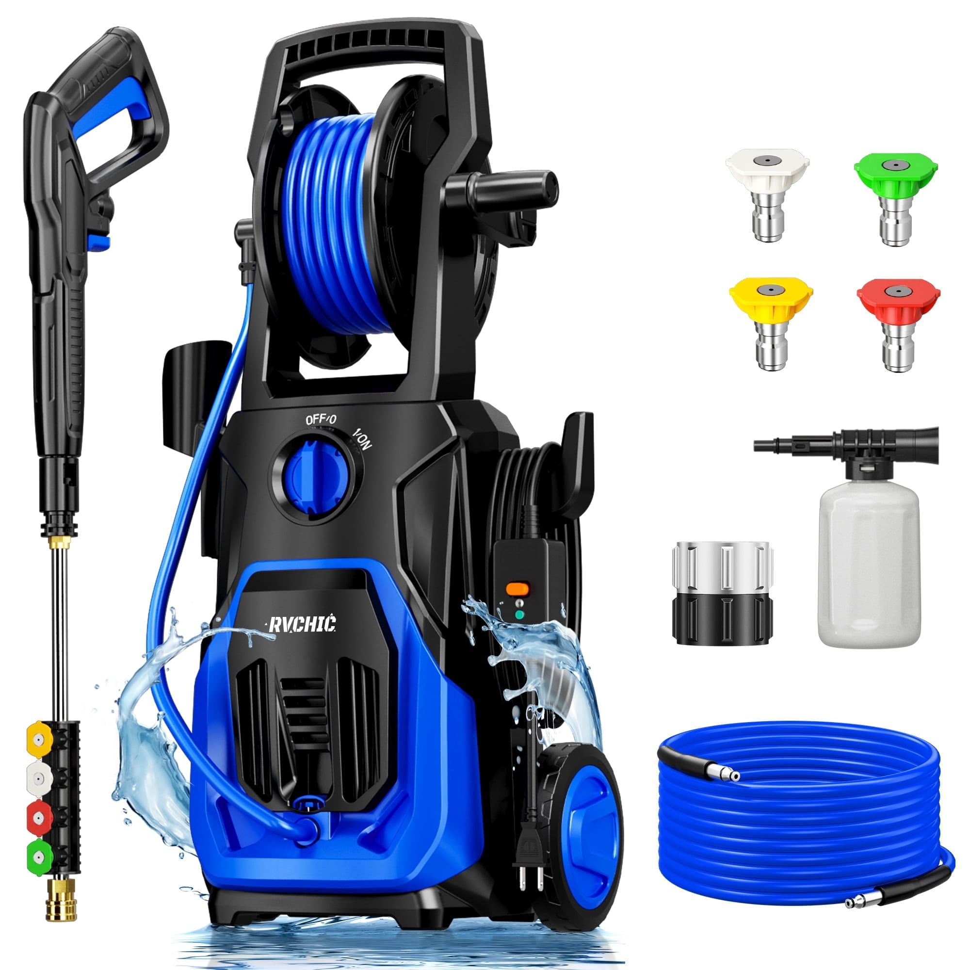 Rvchic 4200 PSI Electric Pressure Washer with Hose Reel and 4 Nozzles (Blue, 25 ft Hose) ee2ia