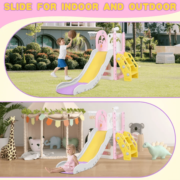 Zimeng 6-in-1 Toddler Slide and Climber Playset, Indoor Outdoor Activity Center with Basketball Hoop and Storage (Pink, 59 in x 27 in x 33 in) tmhu2
