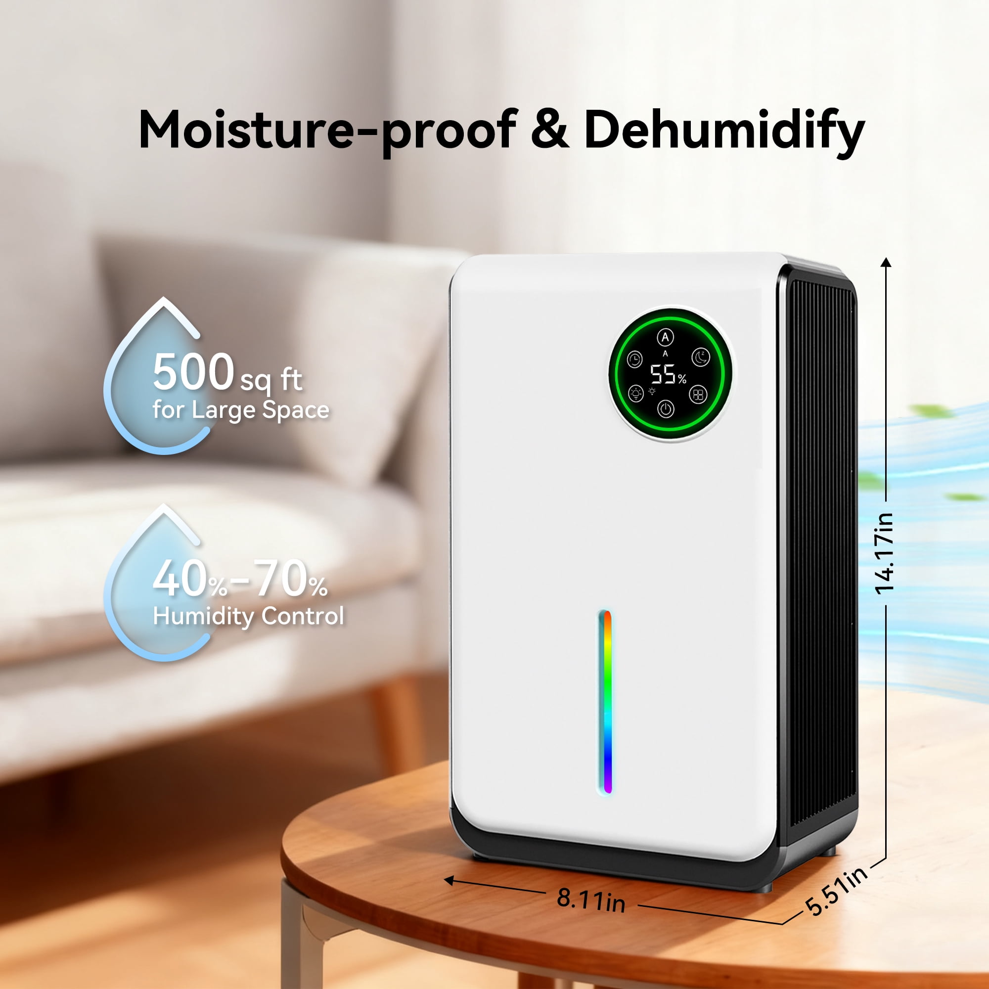 HUMSURE Dehumidifier for Home with Auto Shut Off and 7-Color LED Light (White, 120 oz) 5661w