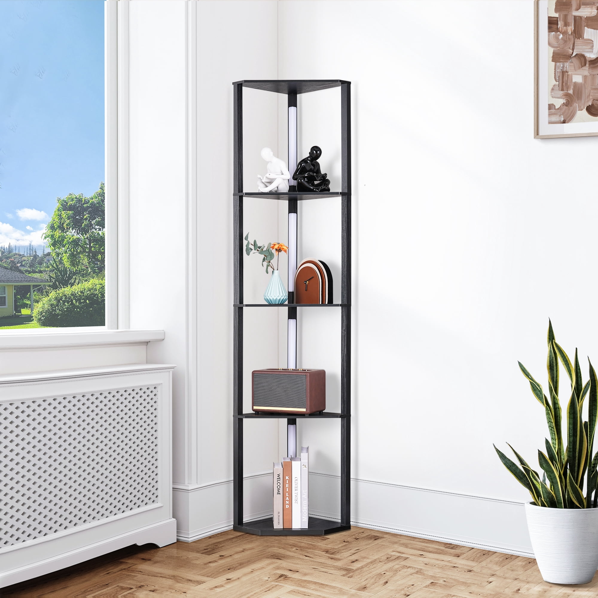 EDISHINE LED Shelf Floor Lamp, Modern Corner Standing Light with 4-Tier Storage Shelves, 3-Color Temperature & Dimmable (Black, 64.2 in) fwj29