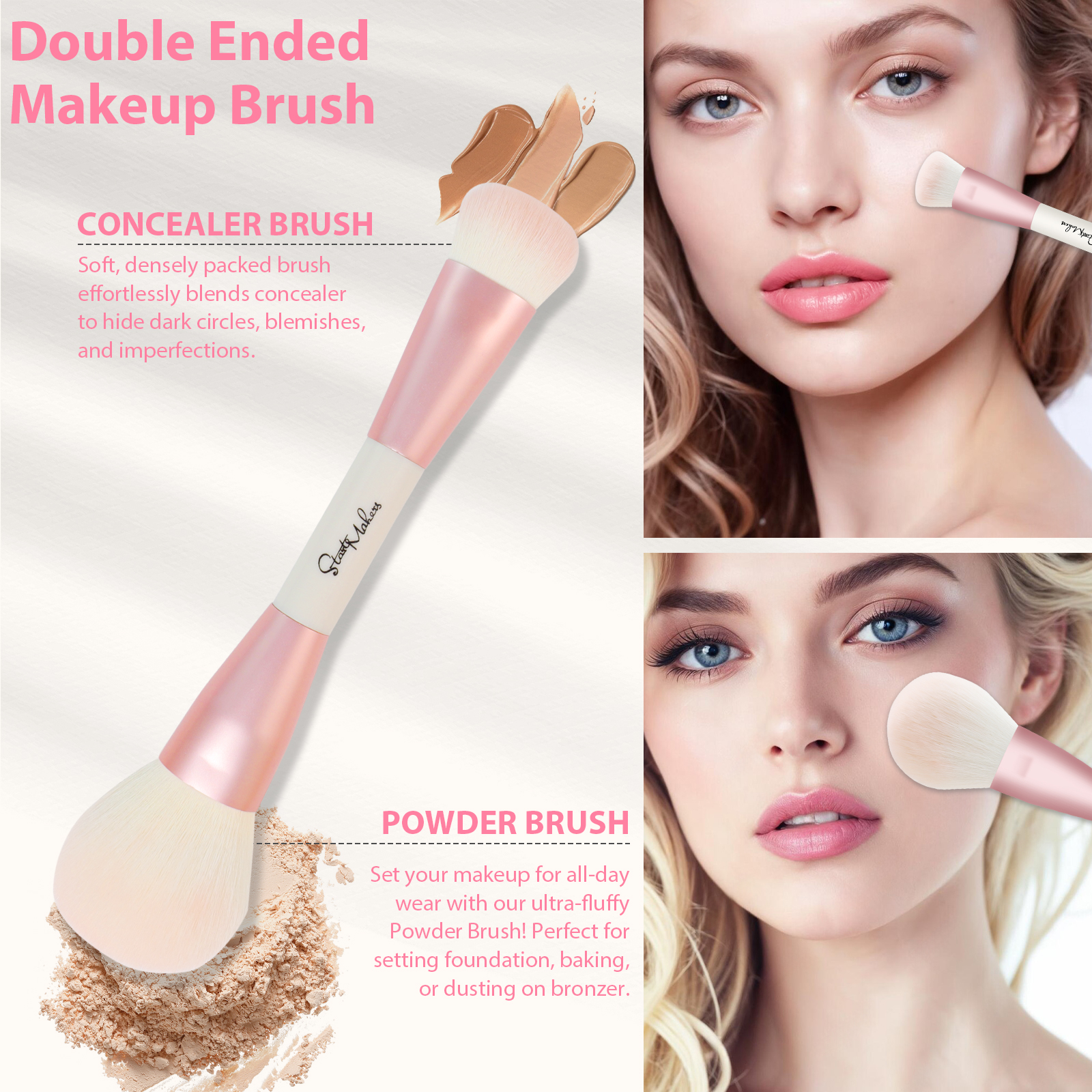 DUAIU Makeup Brush Set, 5Pcs Professional Double-Ended Face and Eye Brushes for Foundation Contour Blush (Pink, 5-Piece Set) fbeje