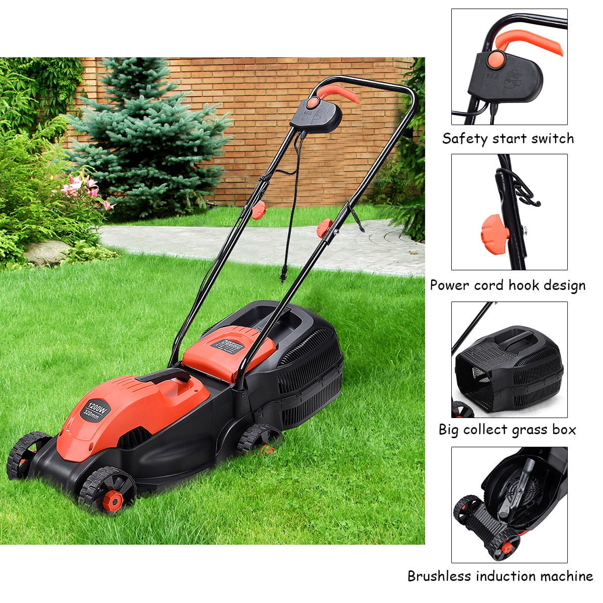 Costway 12 Amp 14-Inch Electric Push Lawn Mower with Grass Catcher (Red, 14 in) qilrg