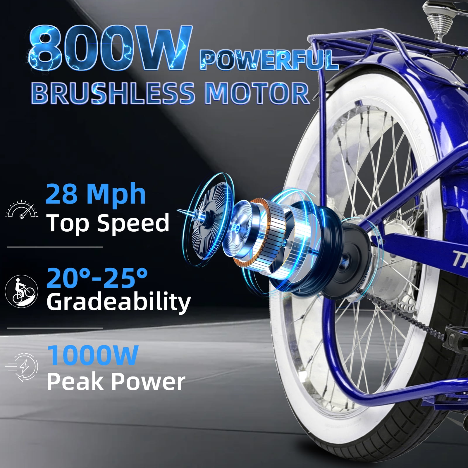 Tracer Twenty5 DS Cruiser Electric Bike, 800W Motor, 48V Battery, Hydraulic Disc Brakes, Suspension Fork (Blue, 26 in) 26ee4