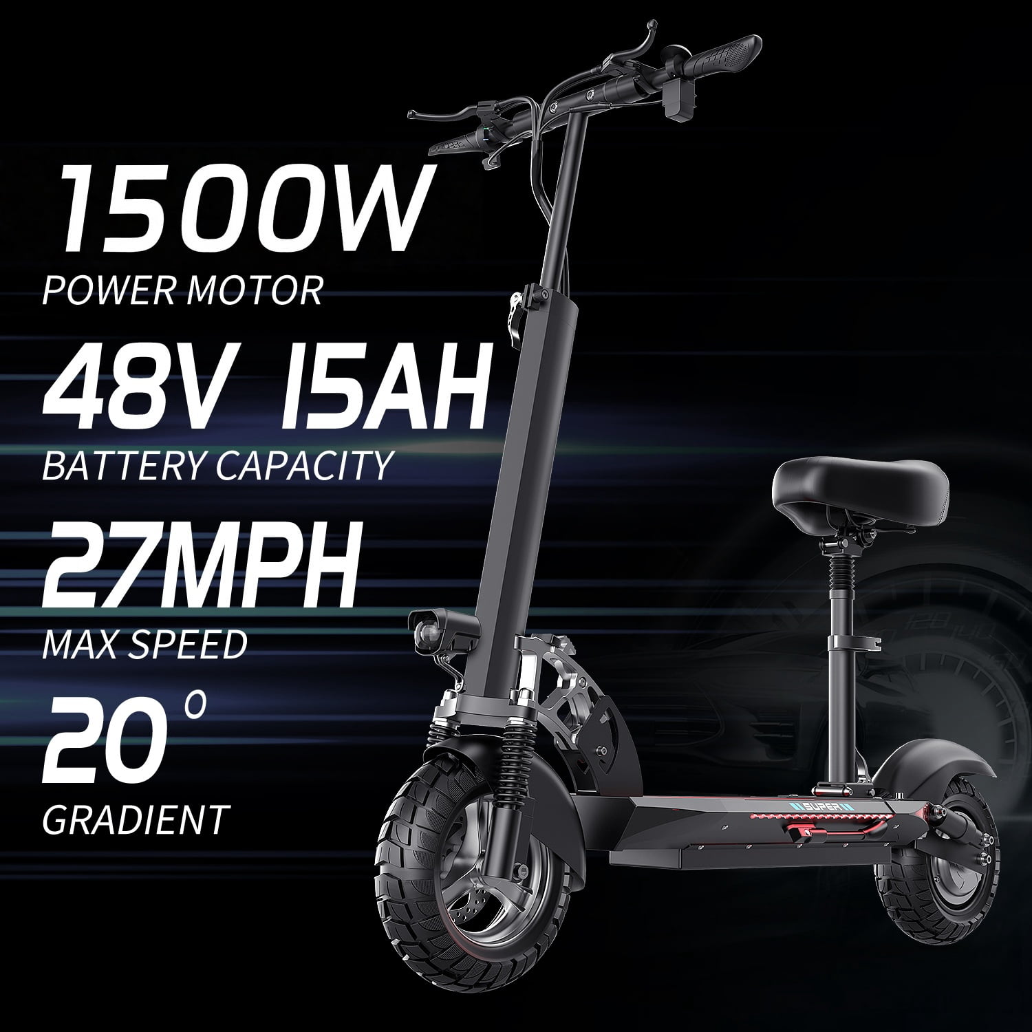 GWEIT Electric Scooter with Seat, 1500W High-Torque Motor, 26MPH Top Speed, 45-Mile Range, Dual Suspension, 10-inch Off-Road Tires (Black, 330 lb Weight Capacity) g95js