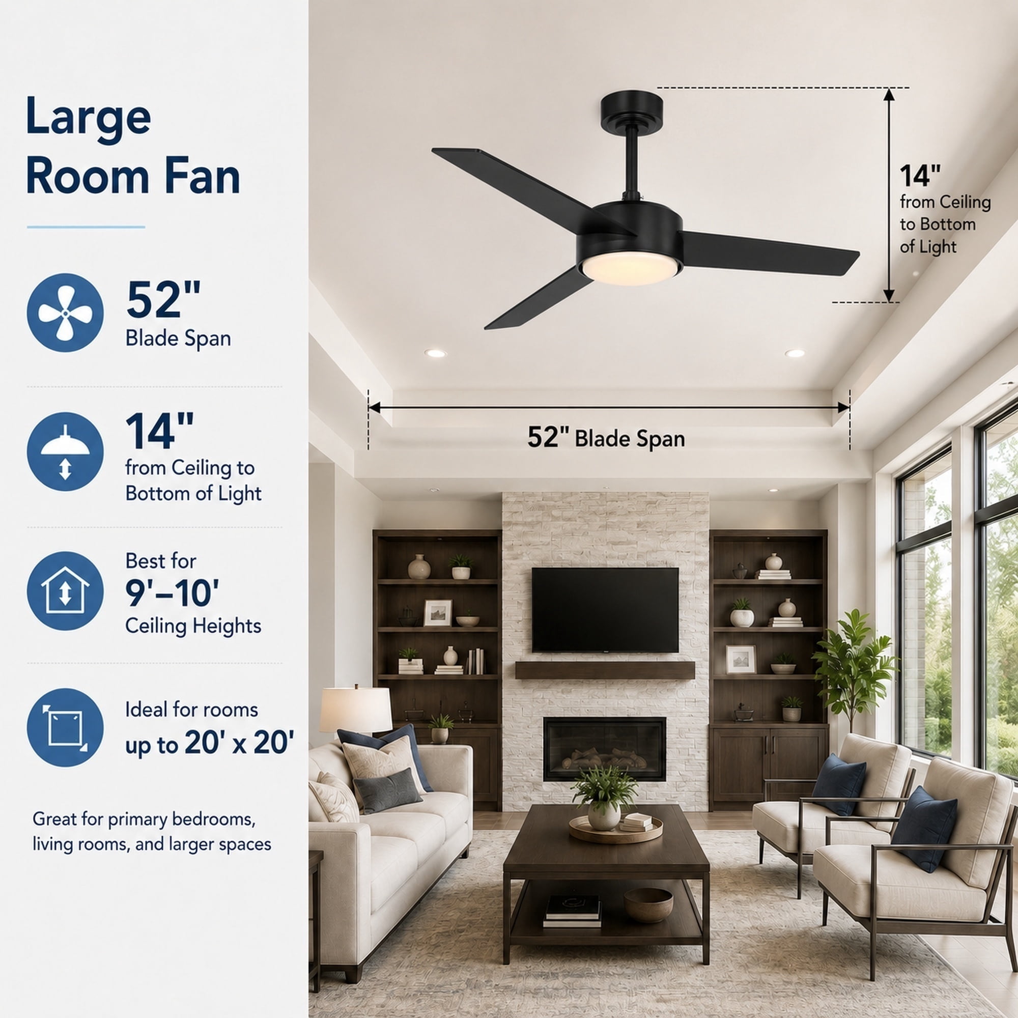 Mainstays 52-Inch Ceiling Fan with Integrated LED Light and Remote Control (Black, 52 in) ehlqo