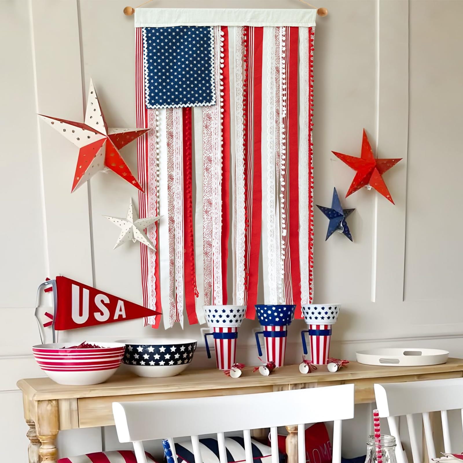 TOPRenddon American Flag Wall Decor, Distressed Vintage Style Patriotic Hanging Banner (Red White and Blue, 50 in x 27 in) 6e8uu