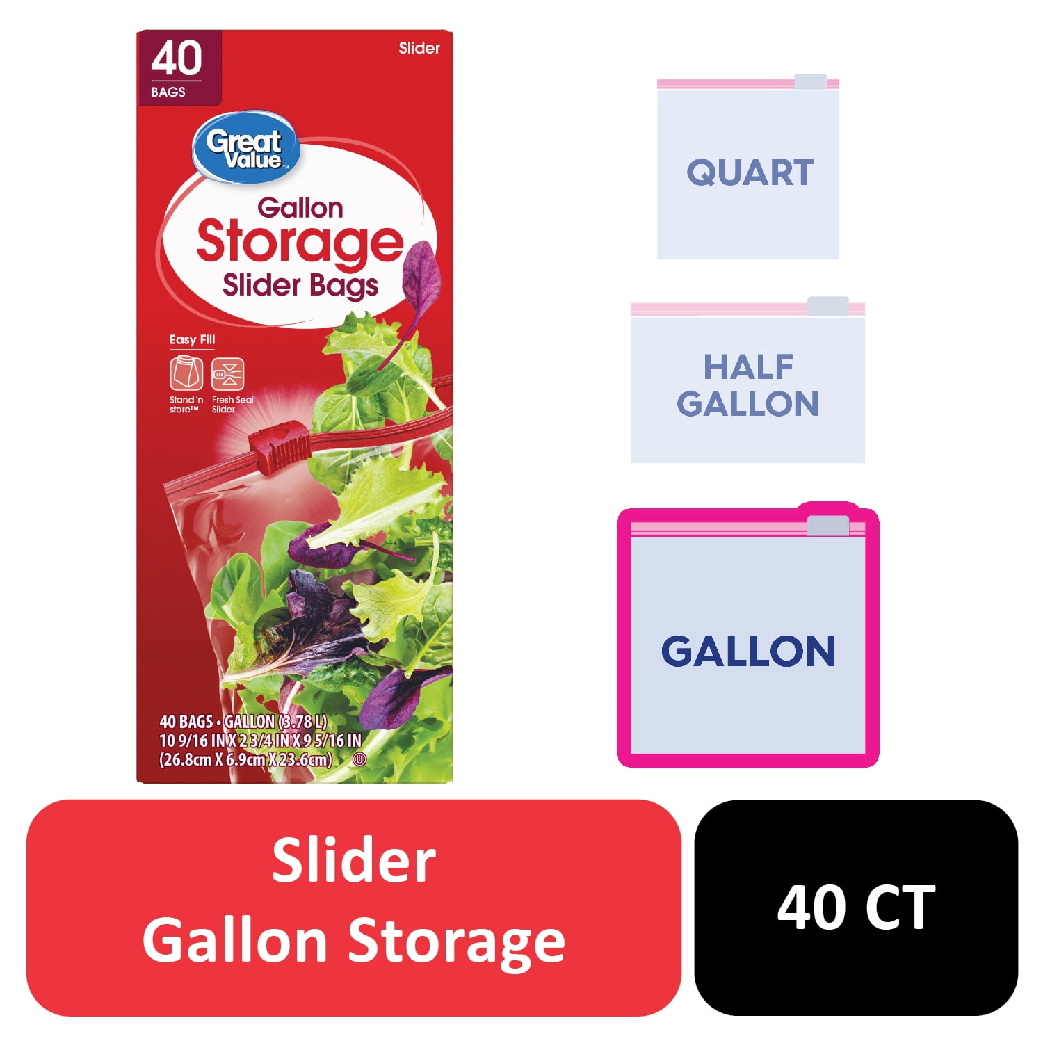 Great Value Fresh Seal Slider Zipper Bags, Heavy-Duty Food Storage with Expandable Bottom (Clear, 40 Count) 2i3x0