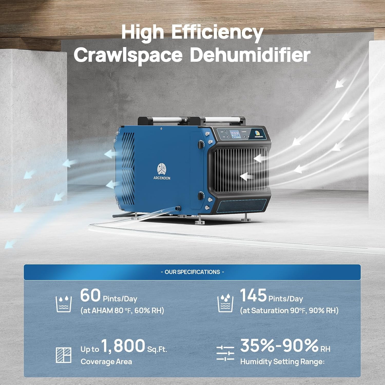 Argendon Commercial Dehumidifier for Crawl Space and Basement with Drain Hose (Blue, 145 Pints) ip0t3