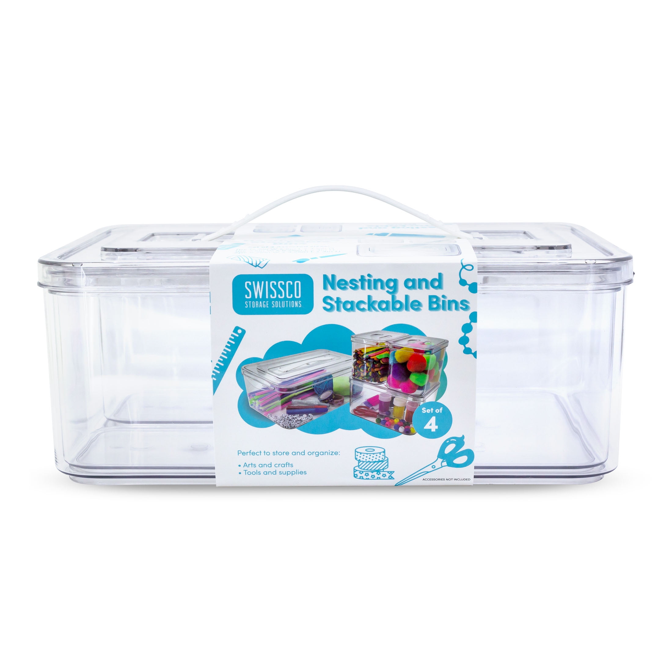 Swissco Stackable & Nesting Plastic Organizing Storage Bins for Arts, Crafts, and Jewelry (Clear, 4-Piece Set) 358y3