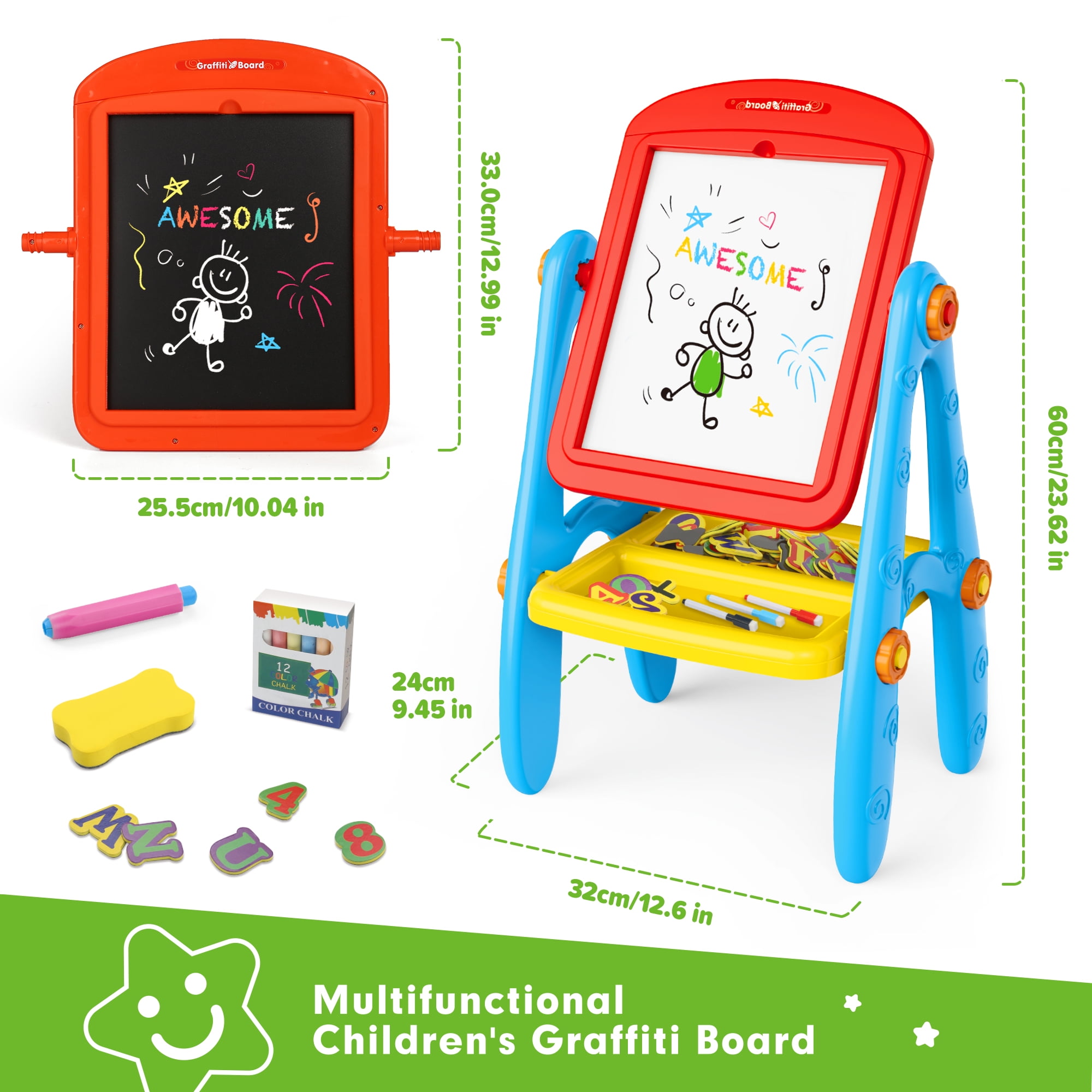 Freecat Kids Art Easel, Double Sided Magnetic Whiteboard and Chalkboard Drawing Station (White) 67pv2
