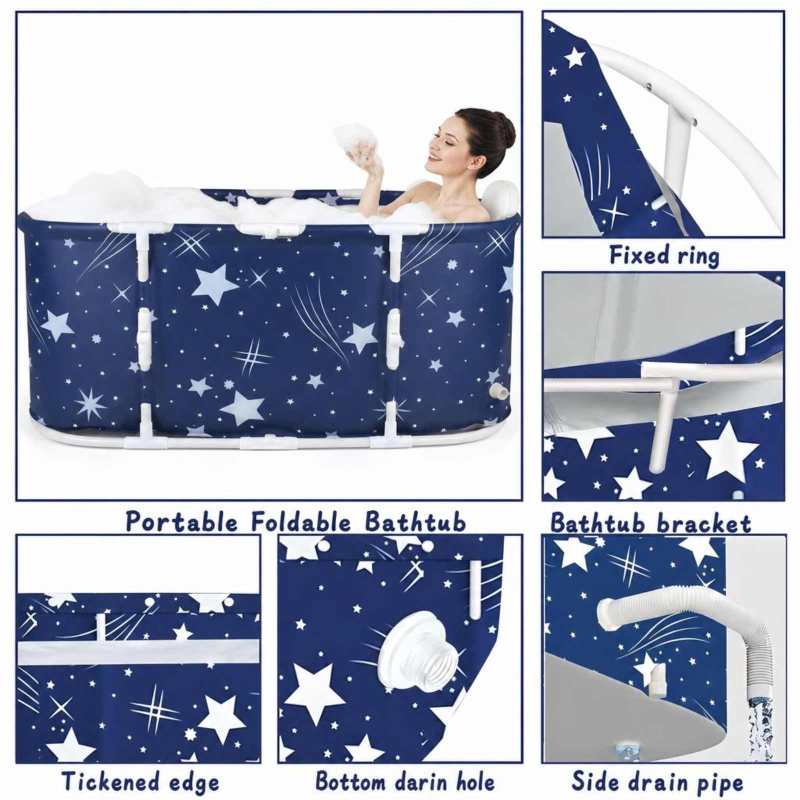 ANJORALA Portable Foldable Bathtub for Adults, Freestanding Hot & Ice Soaking Tub (Starry Blue, 47.2 in) 72qp1