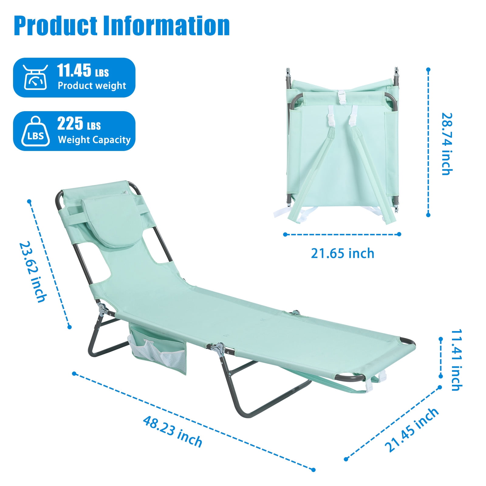 Sunnyfeel Outdoor Reclining Beach Chair, Folding Chaise Lounge with Face Hole and Pillow (Green, 75 in x 22 in) q9u5b