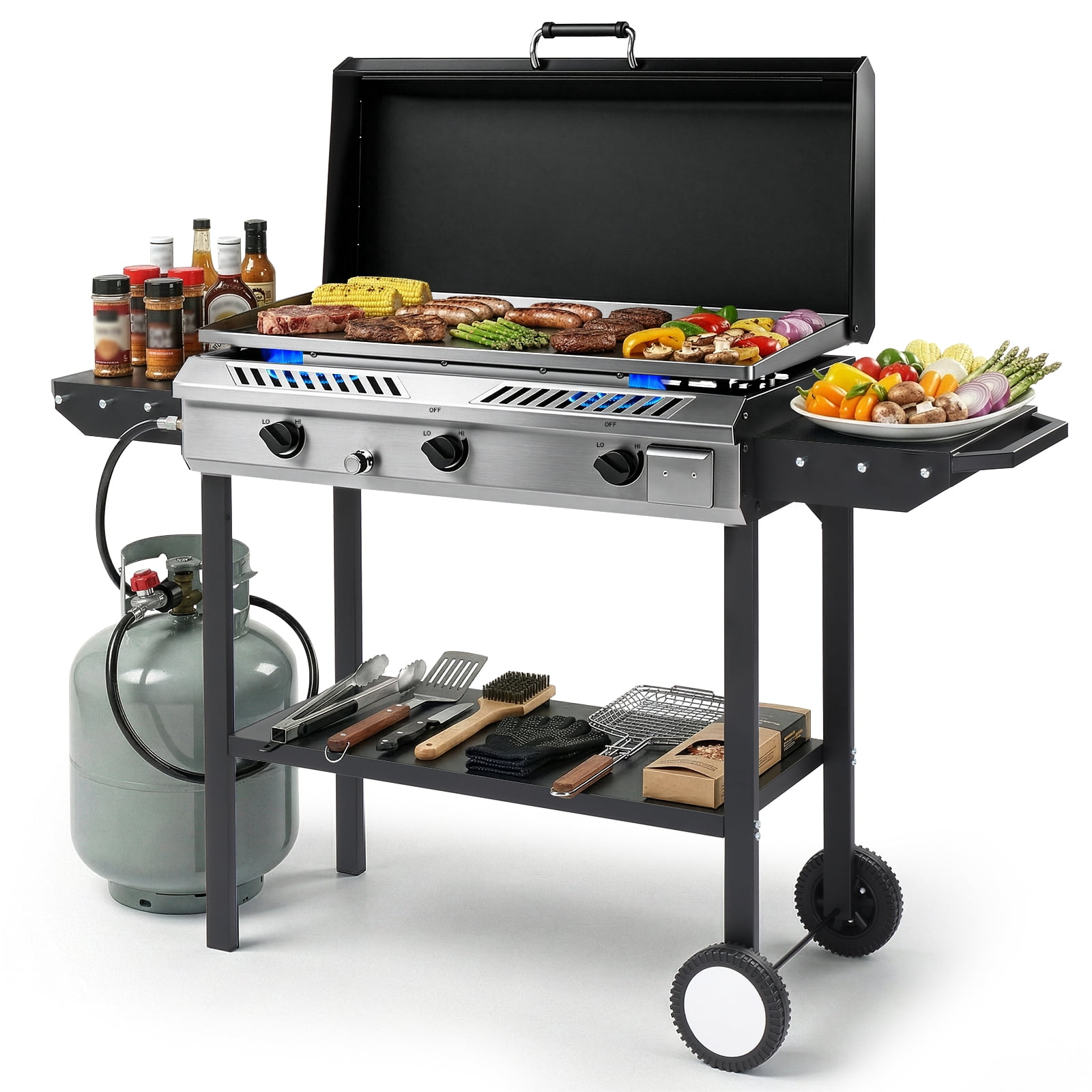 Zintown 3-Burner Outdoor Propane Gas Griddle with Portable Pan and Lid (Black, 58 in x 16.5 in x 51.5 in) r2sfz