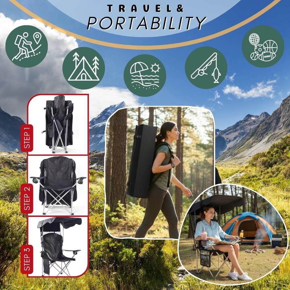 WilderHome Portable Camping Chair with Canopy, Folding Outdoor Seat with Sun Shade (Black) 1e2of