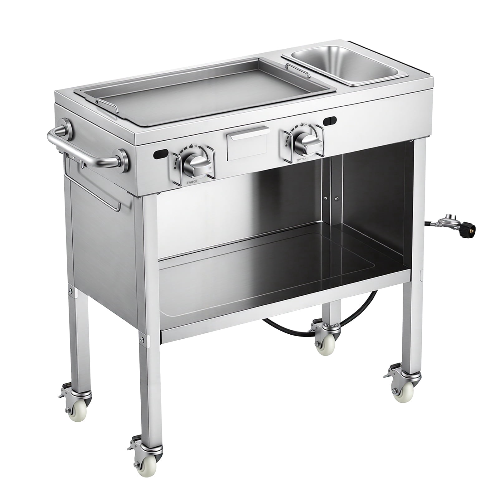 KFFKFF Outdoor Propane Griddle with 2 Burners, Stainless Steel Gas Cooking Cart with Lockable Wheels (Silver, 23,200 BTU) 57oed