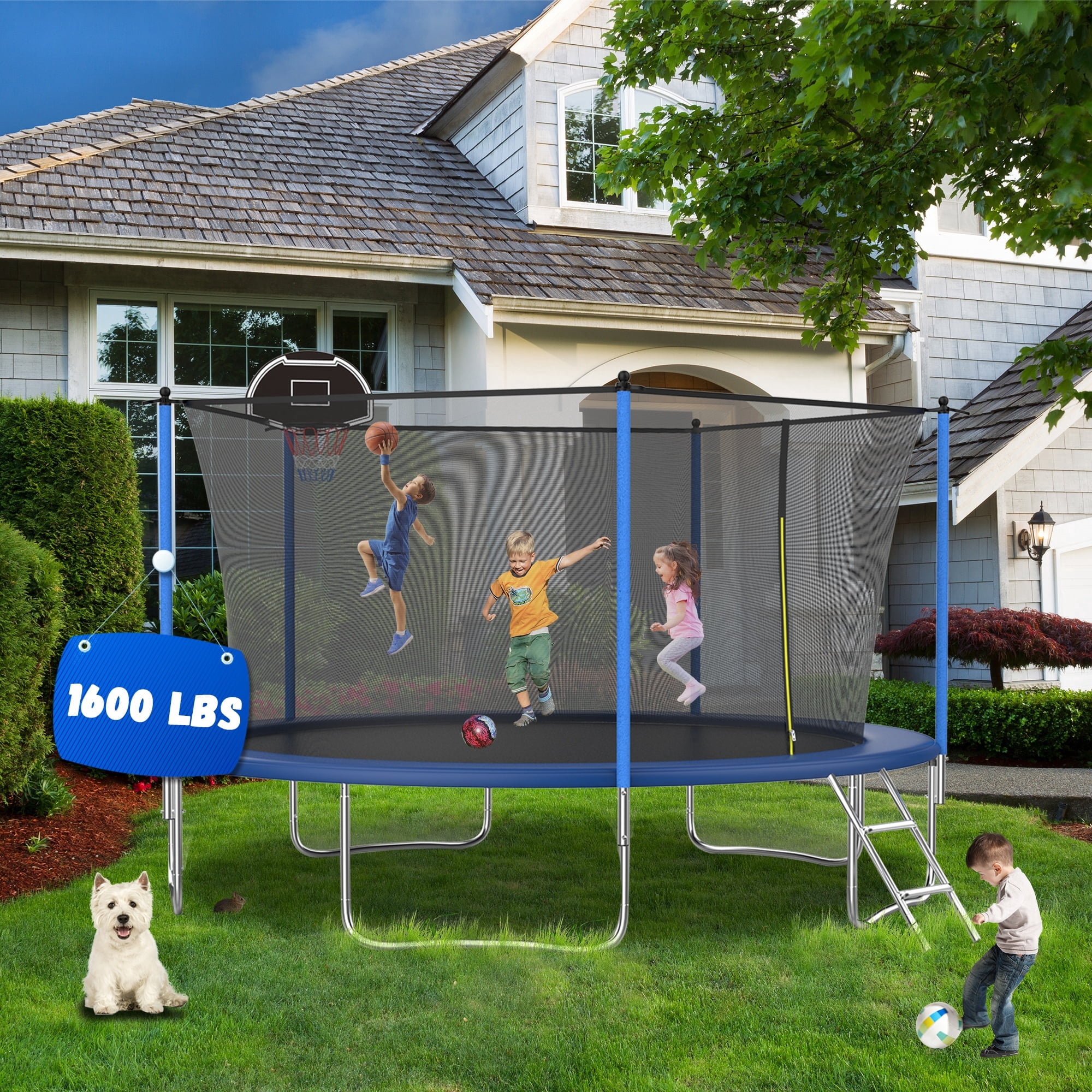 Shengchao Trade 14 ft Outdoor Recreational Trampoline with Safety Enclosure Net and Basketball Hoop (Blue, 1600 lb) 4te5n