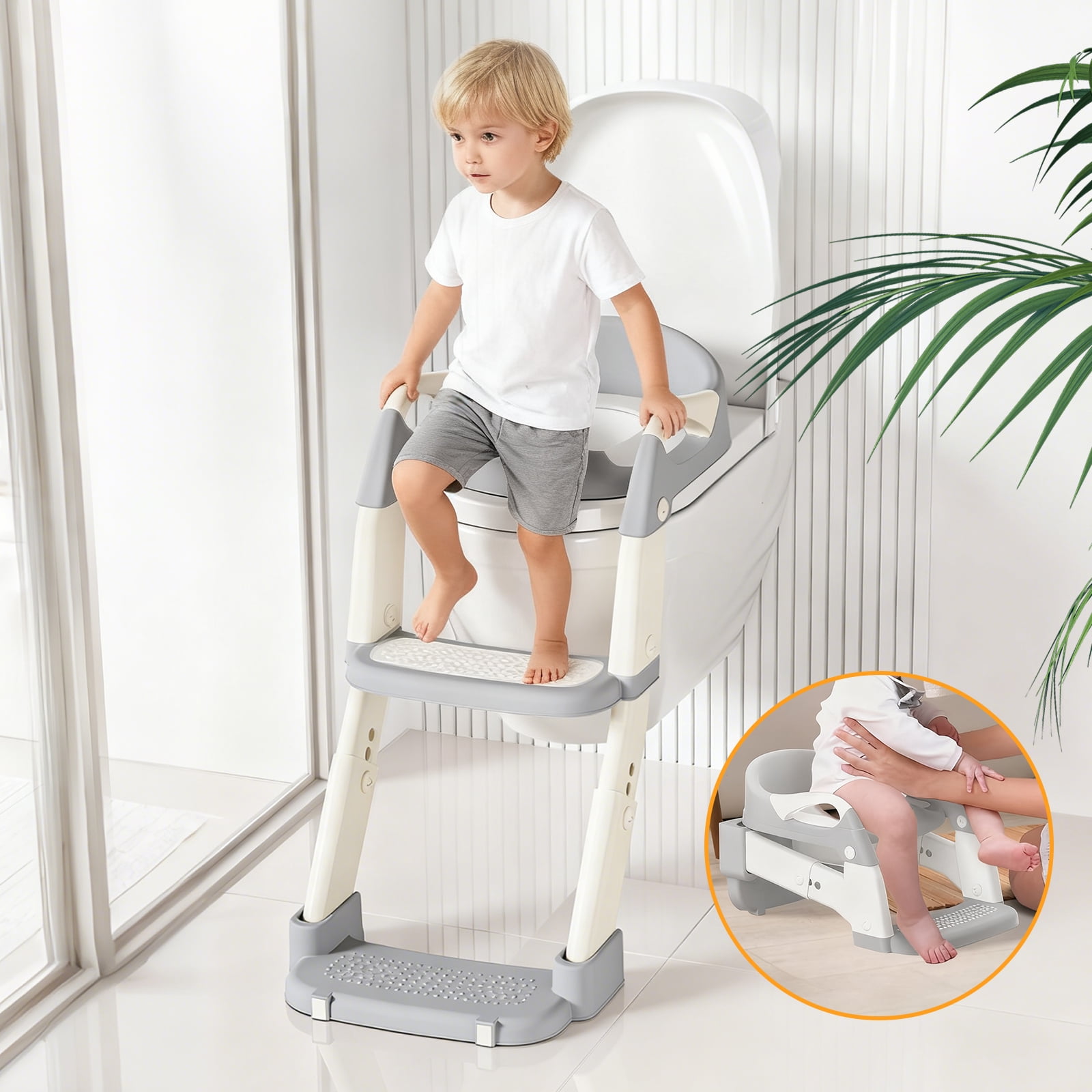 Gijjgole 3-in-1 Potty Training Seat with Step Stool Ladder, Adjustable Toddler Toilet Trainer with Splash Guard (Grey) 0ujaf