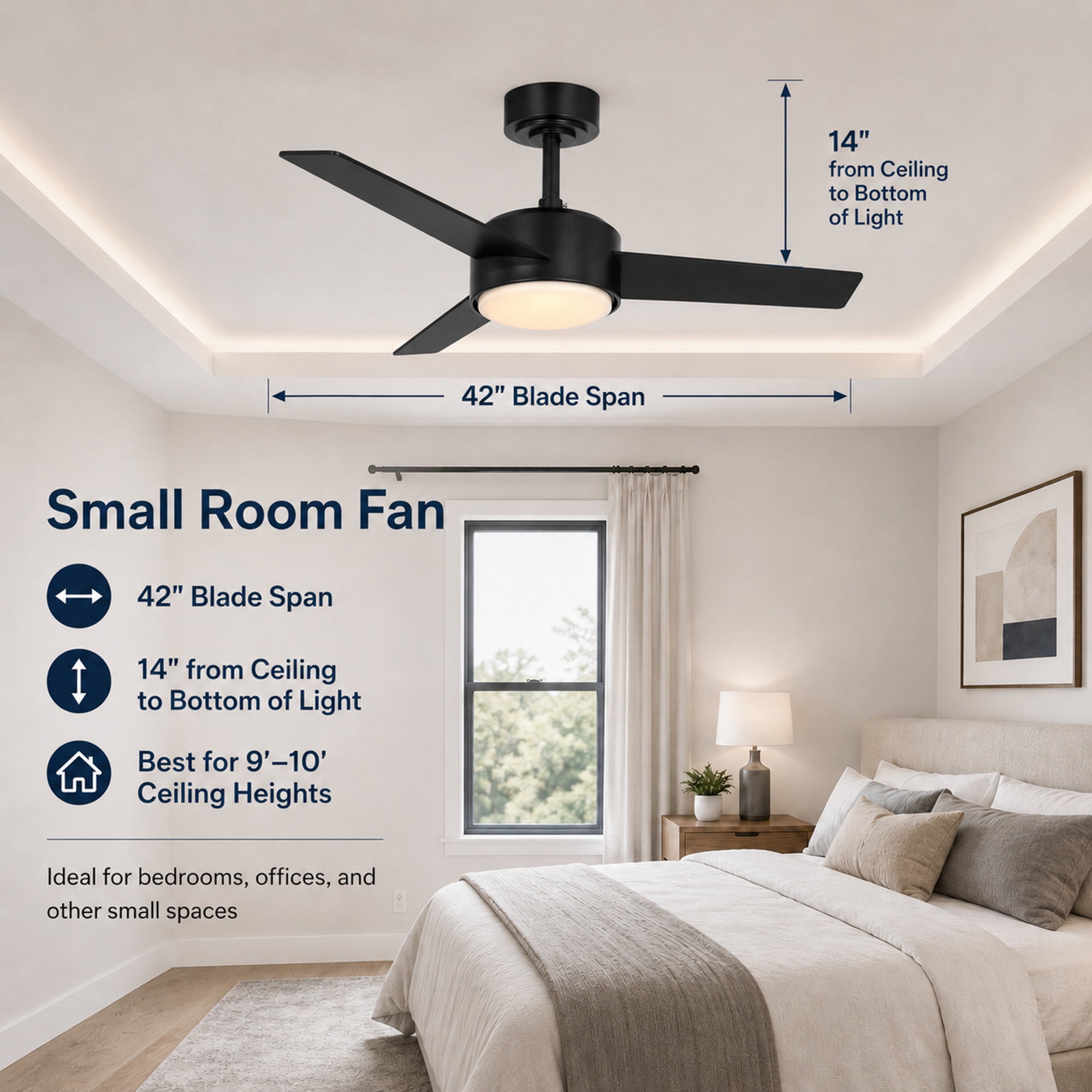 Mainstays 42-Inch DC Ceiling Fan with Integrated LED Light and Remote Control (Black, 42 in) 9twmn