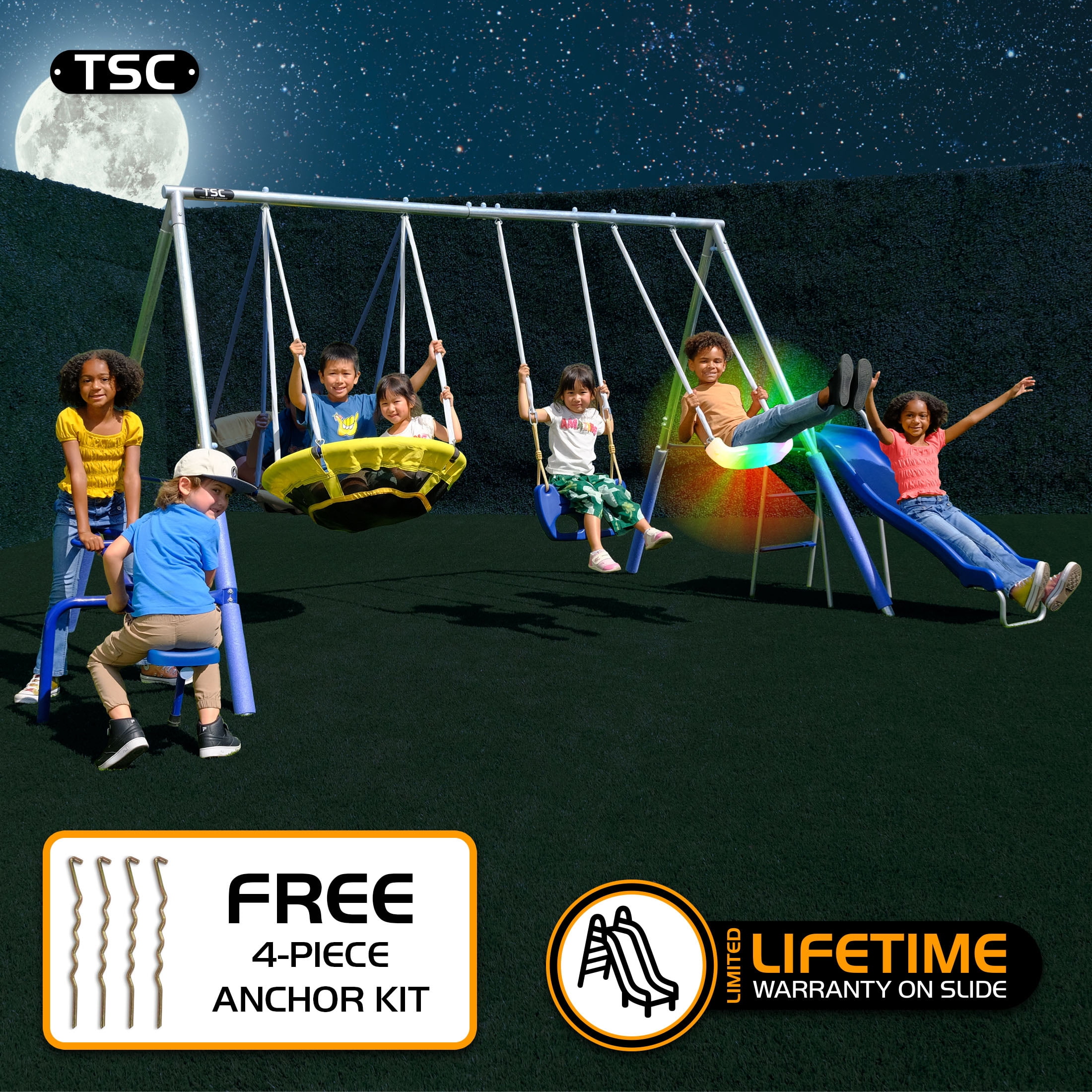 The Swing Company Oxford Galvanized Metal Swing Set with LED Swing, Saucer Swing, and 5-ft Slide (Green, 1 Set) guzy7