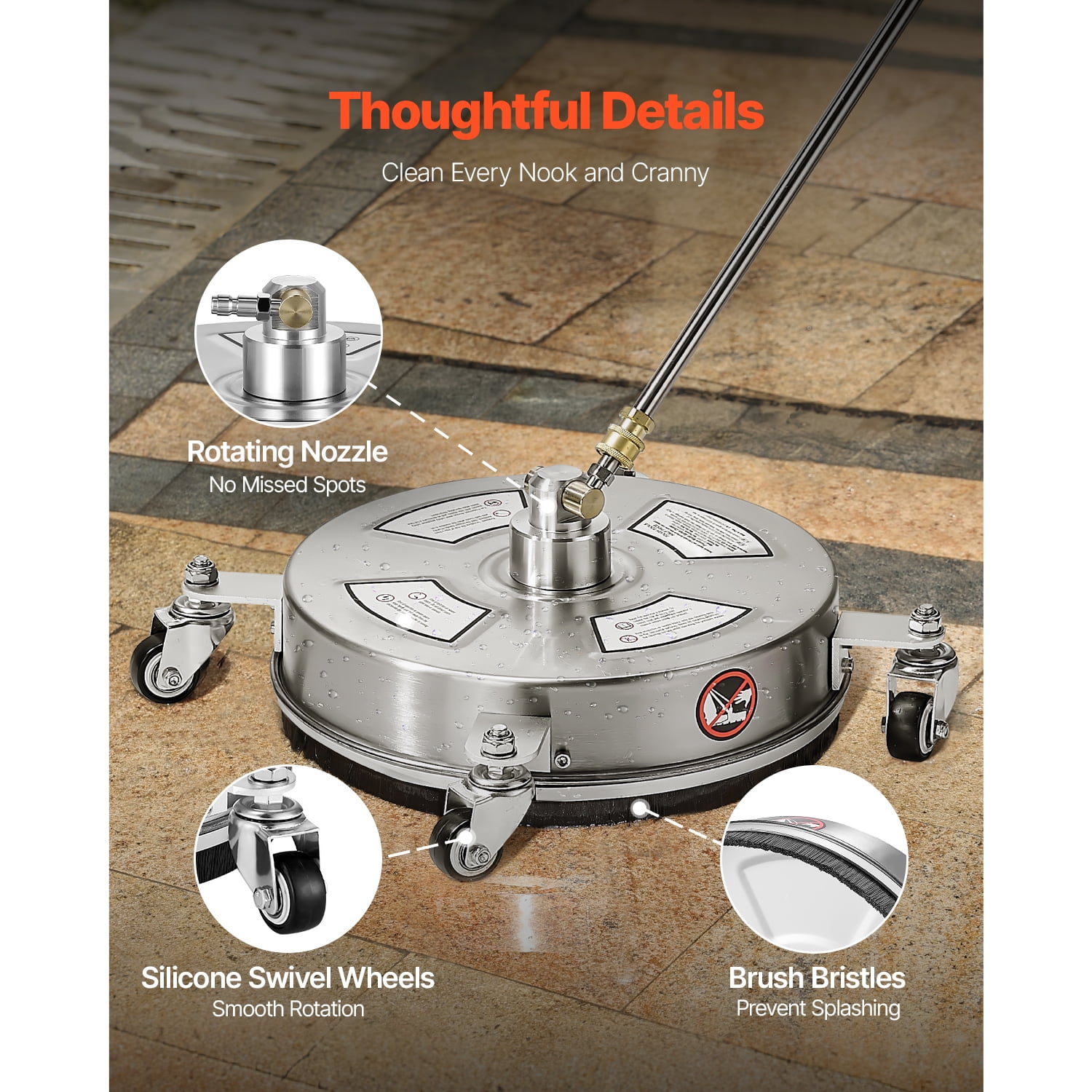 KFFKFF 14 in Pressure Washer Surface Cleaner Attachment with Extension Wands and Quad Wheels (4000 PSI, Stainless Steel) t5n0k
