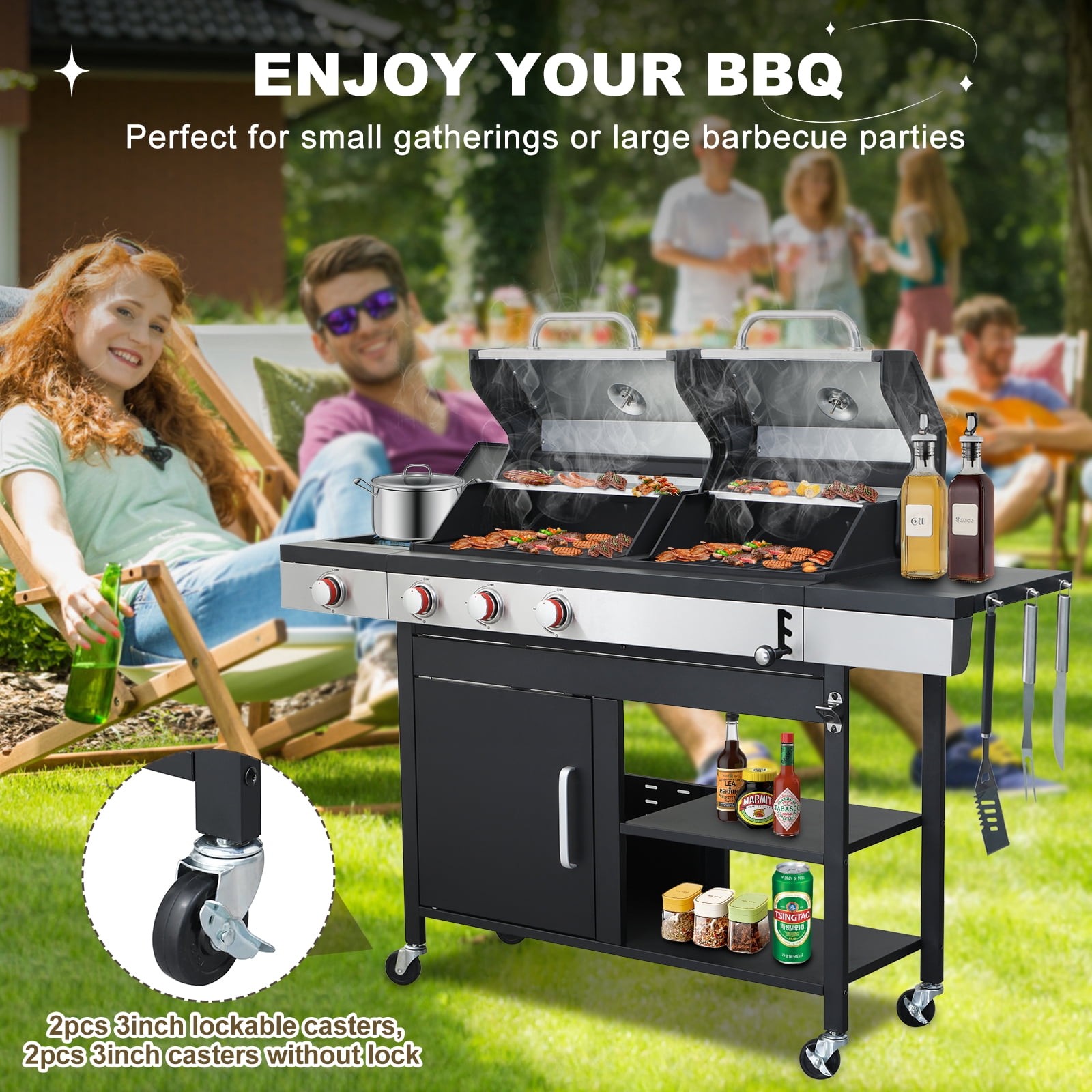 Nice Cooker Gas and Charcoal Combo Grill with Side Burner, Porcelain-Enameled Cast Iron Grates, Outdoor BBQ Grill with Storage Cabinet (Black, 37,230 BTU) wd8ti