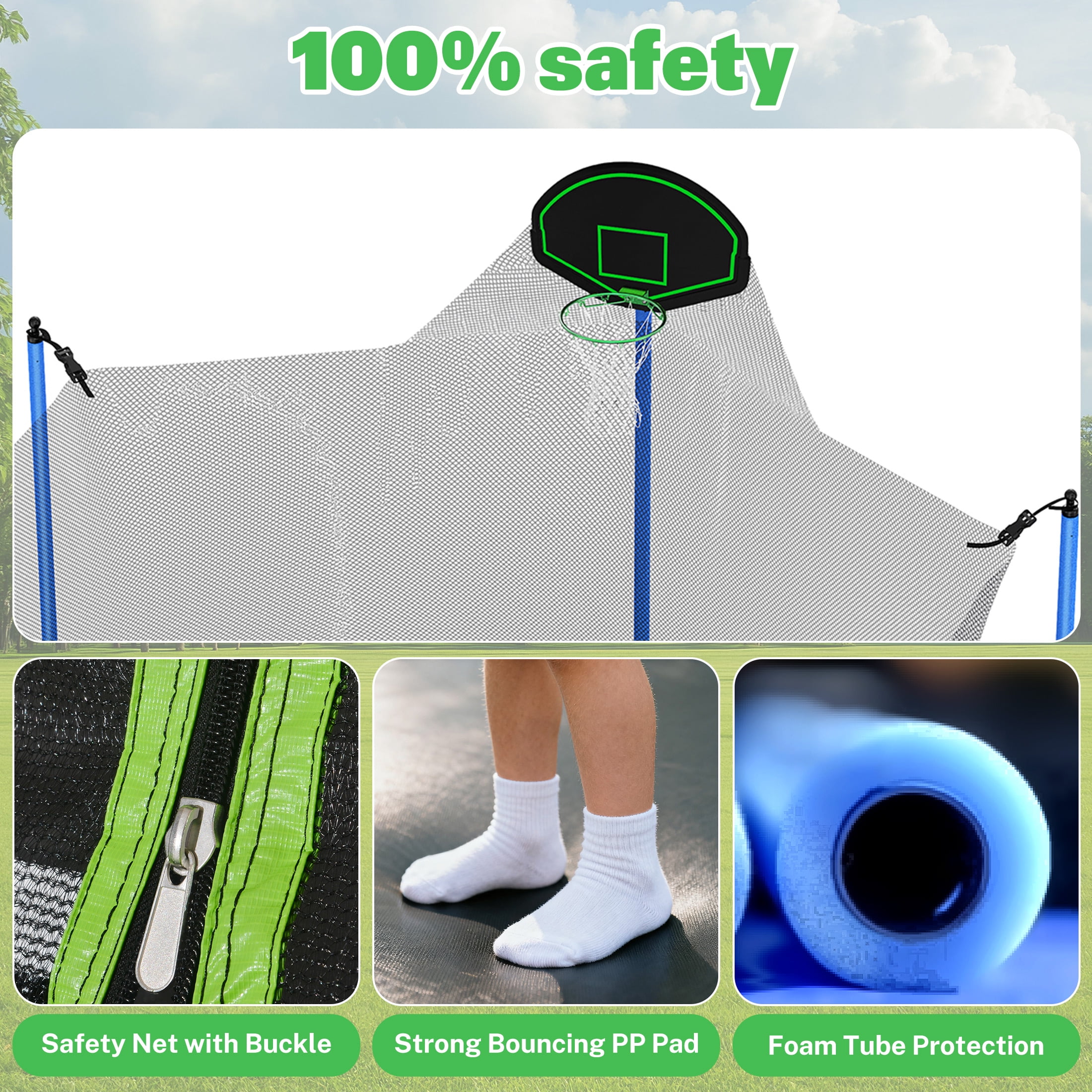 Segmart 12 ft Recreational Trampoline with Slide, Swing, Basketball Hoop, and Safety Net (Green, 12 ft) 7yjpy