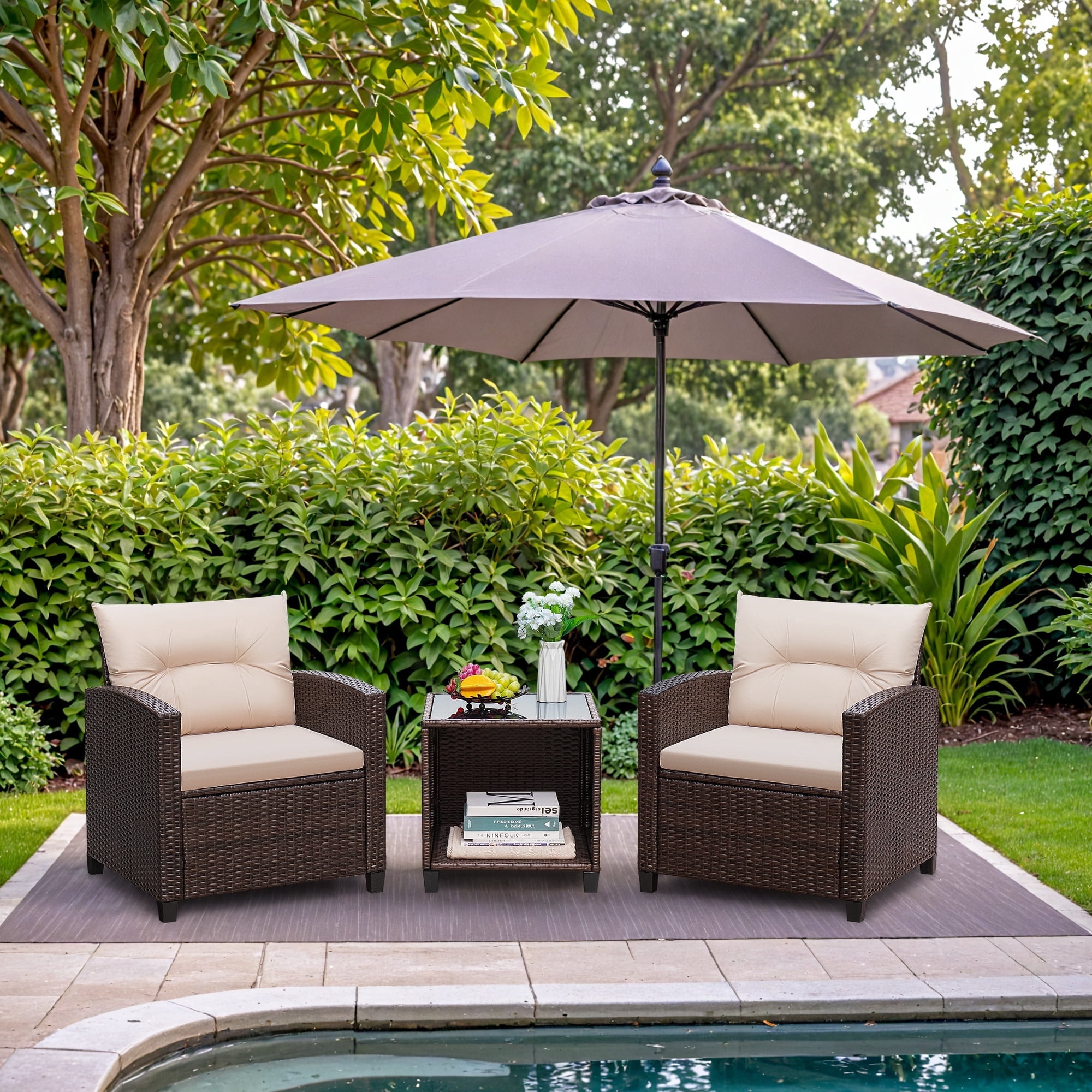 Homall 3-Piece Patio Furniture Set, Outdoor Rattan Bistro Chairs with Cushions and Coffee Table (Beige) 7jzjh