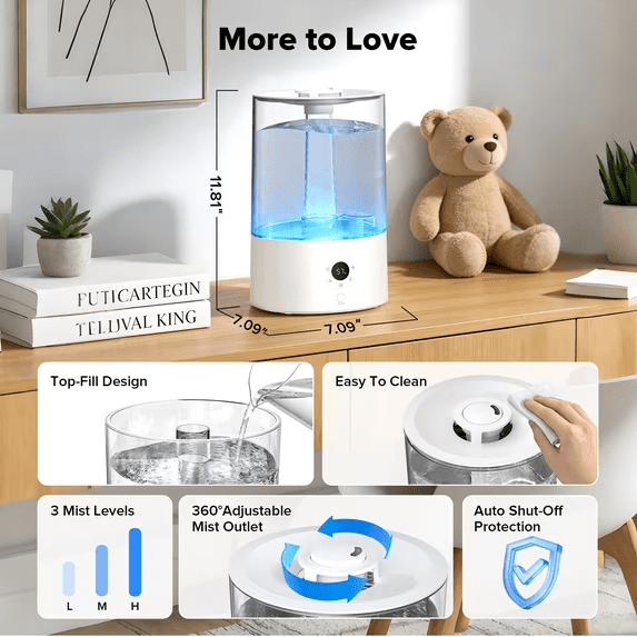 KISSAIR Ultrasonic Cool Mist Humidifier for Bedroom, Quiet Air Humidifier with Essential Oil Tray and Smart Humidity Control (White, 1.06 gal) ujdlc