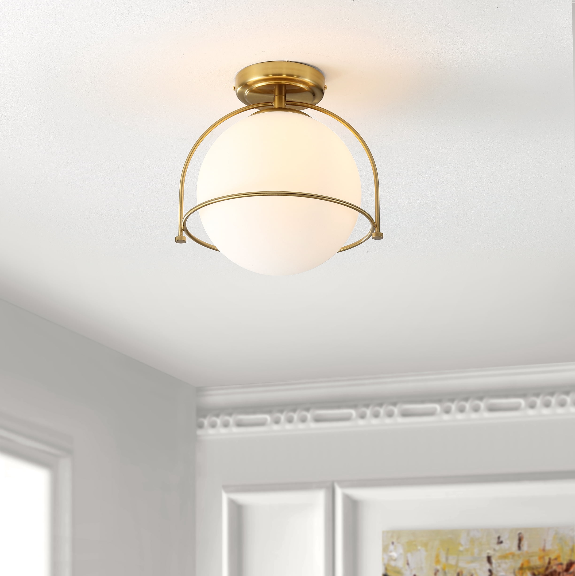 Safavieh Valise Mid-Century Flush Mount Ceiling Light with White Glass Globe (Gold, 11 in.) wxzsd