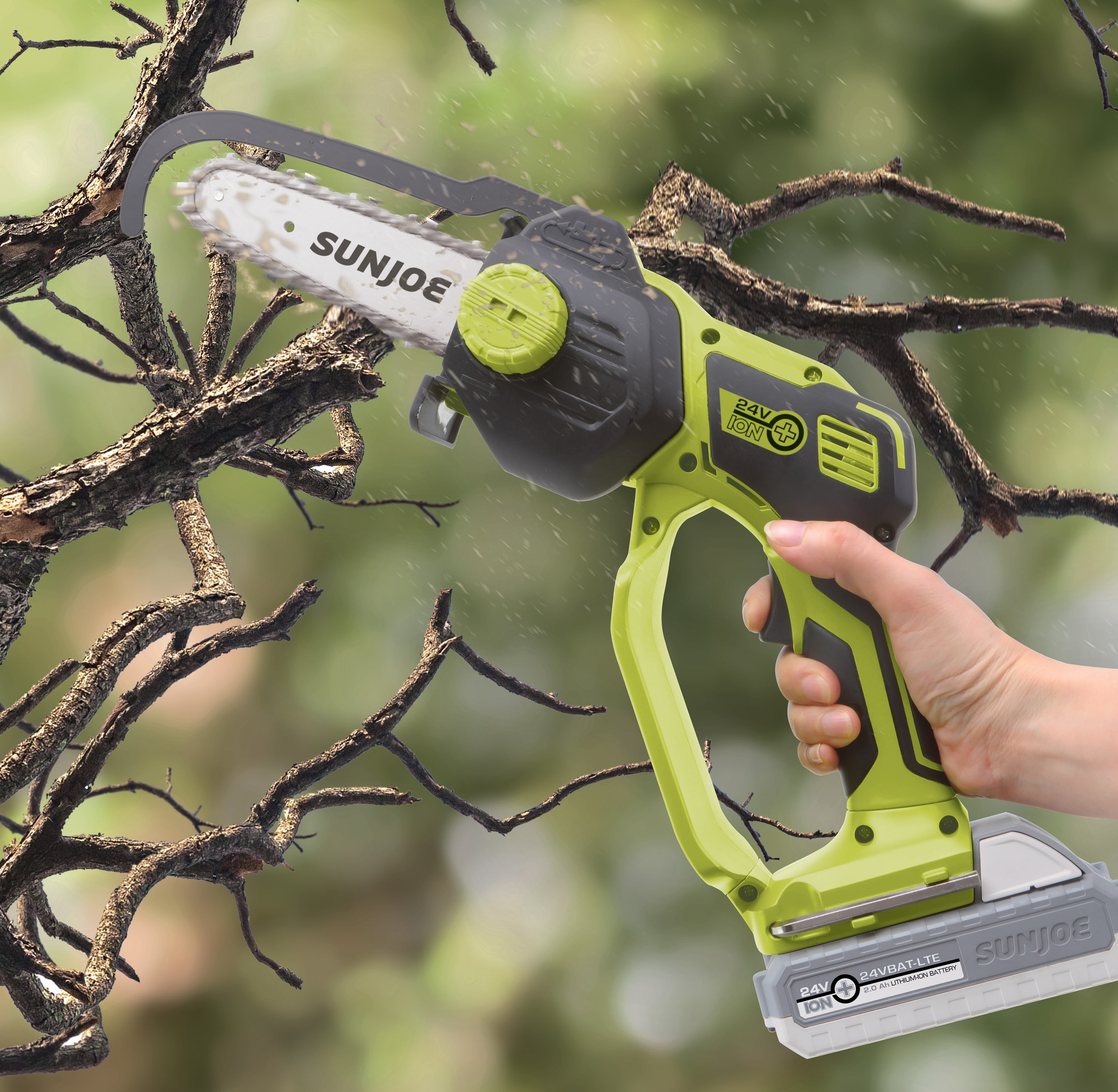 Sun Joe 24V Cordless 5-inch Handheld Pruning Chainsaw with 2.0-Ah Battery and Charger (Green, 5.5 lb) 0iult