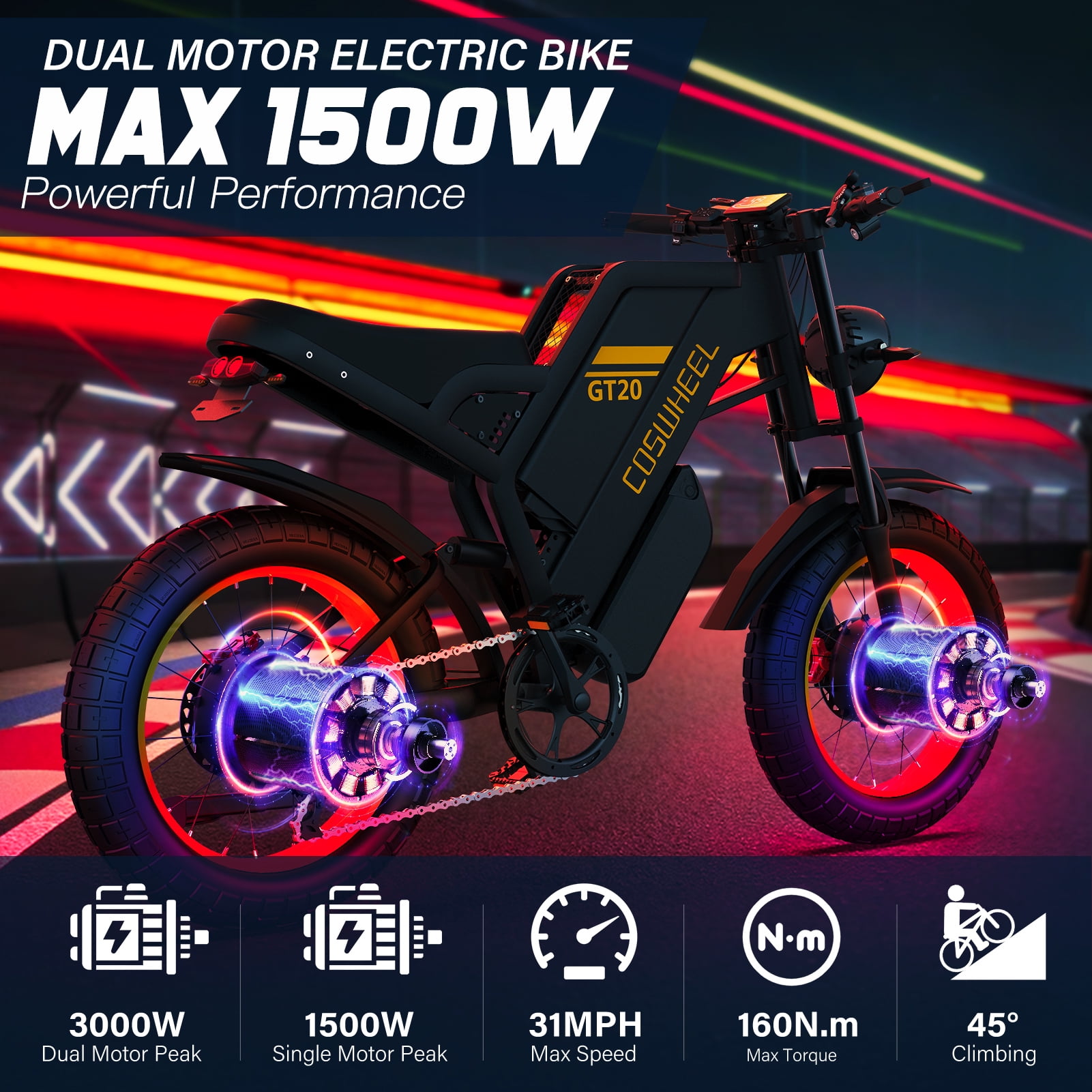 COSWHEEL GT20 Pro Electric Bike for Adults, 3000W Motor Fat Tire E-Bike with 48V/25Ah Battery, 7-Speed Off-Road Mountain Bicycle (Black, 20 in) 8boit