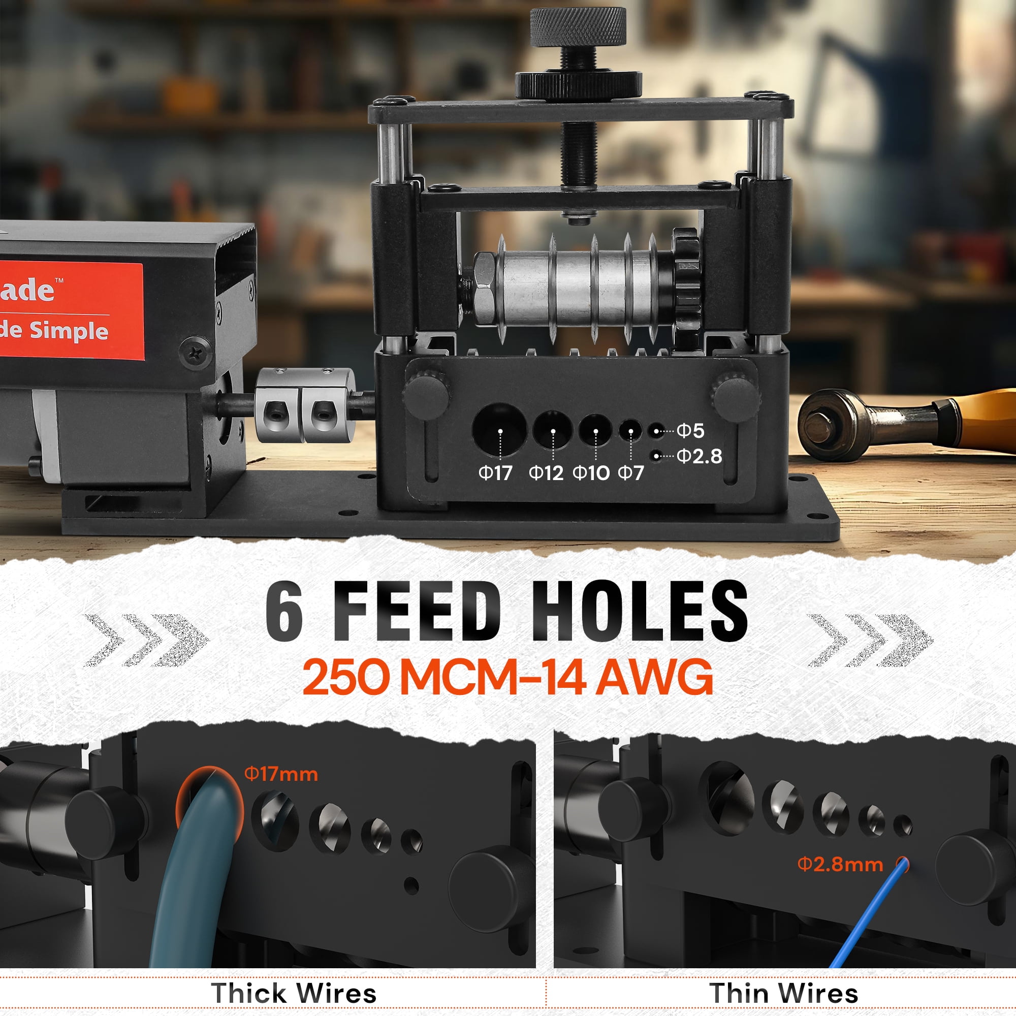Tanfix Automatic Electric Wire Stripping Machine, Heavy-Duty Cable Stripper Tool for Copper Recycling (6 Channels, 5 Blades, 14AWG to 250MCM) t4twg