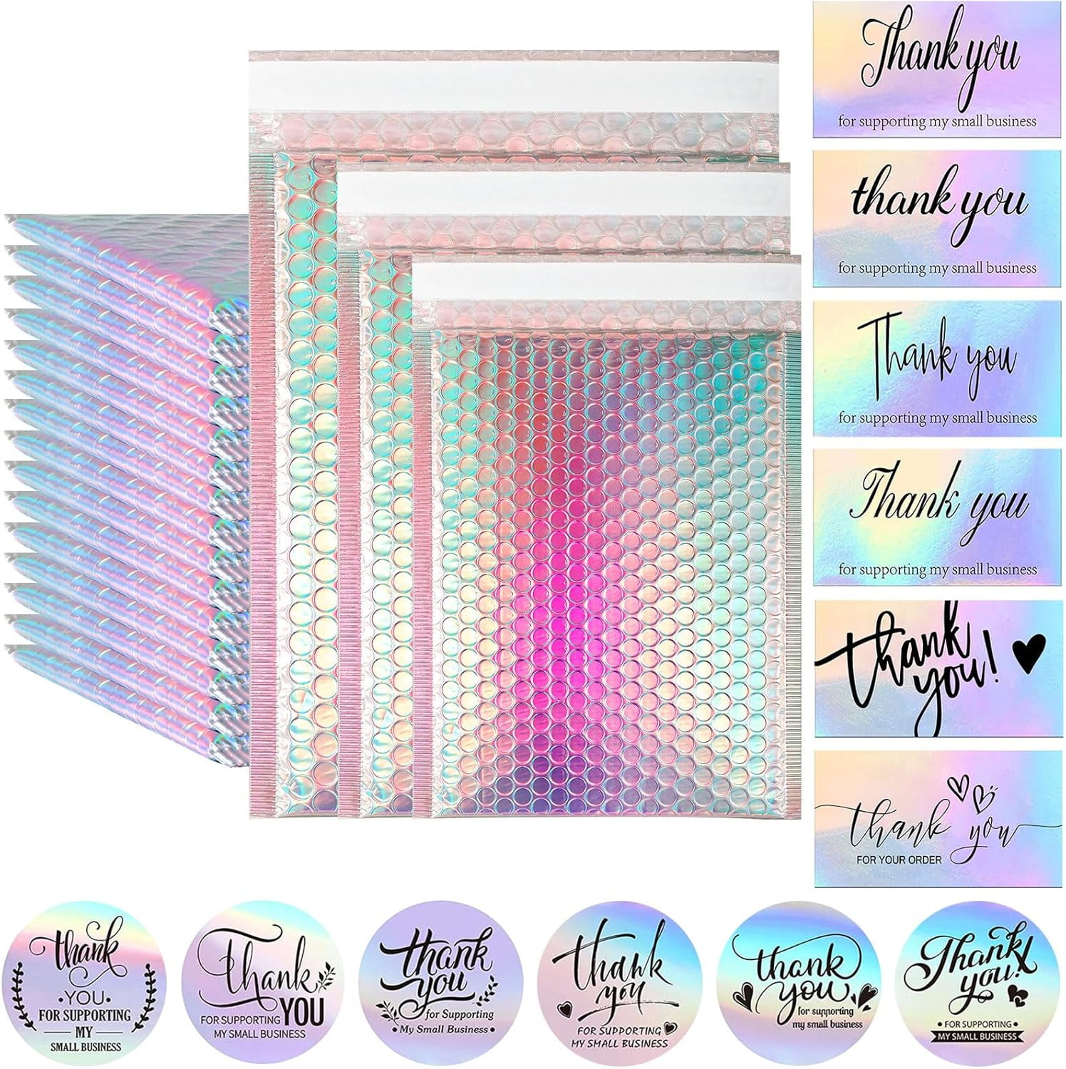 Jutoe Metallic Bubble Mailers, Holographic Padded Shipping Envelopes with Thank You Cards and Stickers (Silver, 50 Pack) g12ab
