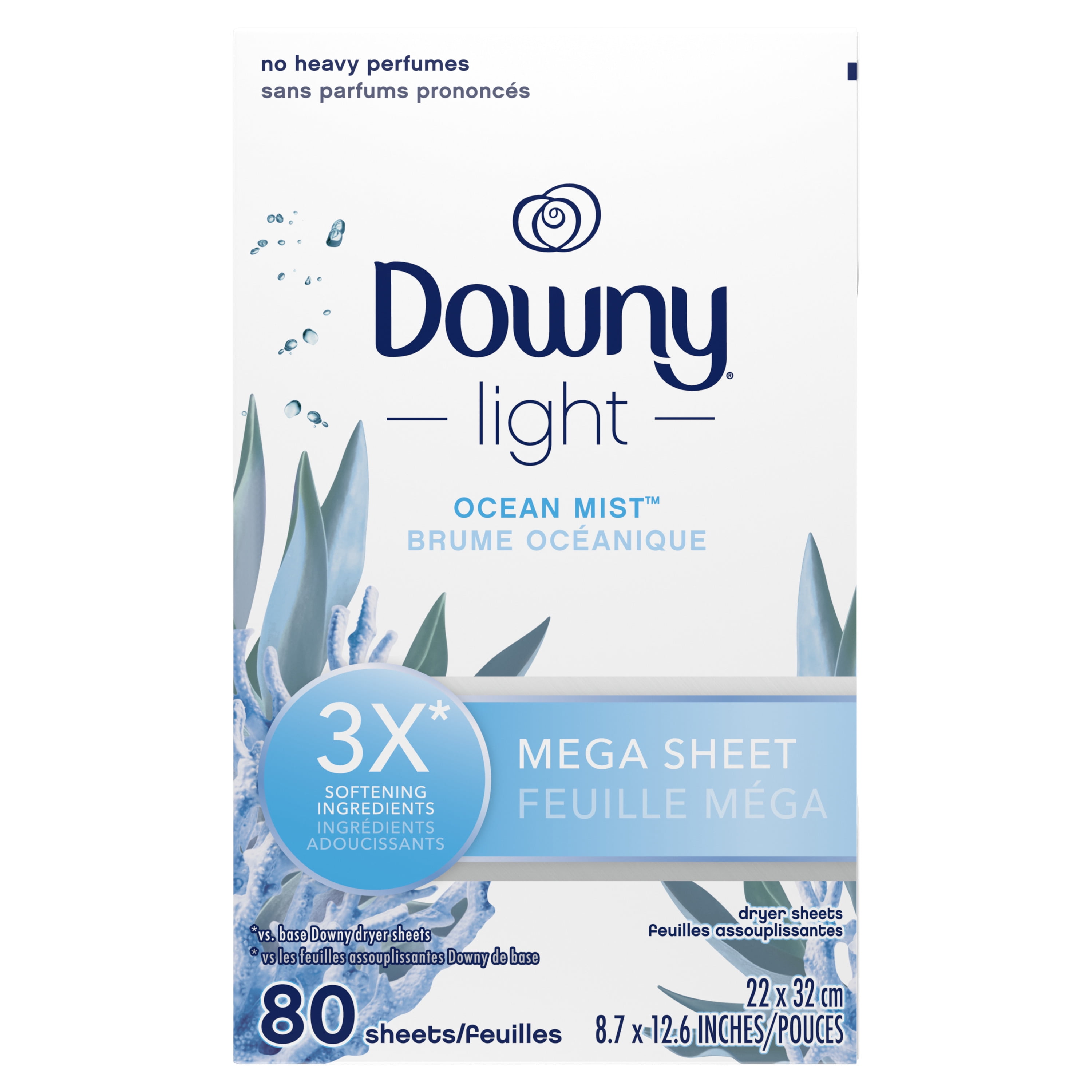 Downy Light Mega Dryer Sheets, Ocean Mist, Fabric Softener with Anti-Static and Wrinkle Reduction (80 Count) 08u33