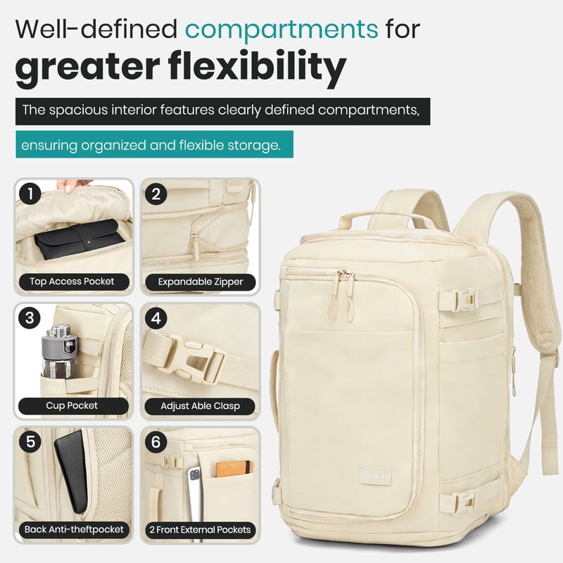 Joyway Travel Backpack Large Capacity Carry On Weekender Bag with Shoe Compartment and Laptop Sleeve (Beige, 18 in x 12 in x 8 in) 750ao