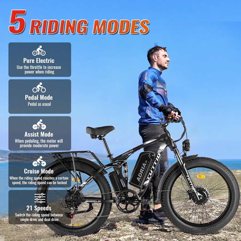 TUTTIO Adria26 Electric Mountain Bike, High-Performance Fat Tire E-Bike with 7-Speed Gear System (Black, 26 in) davj2