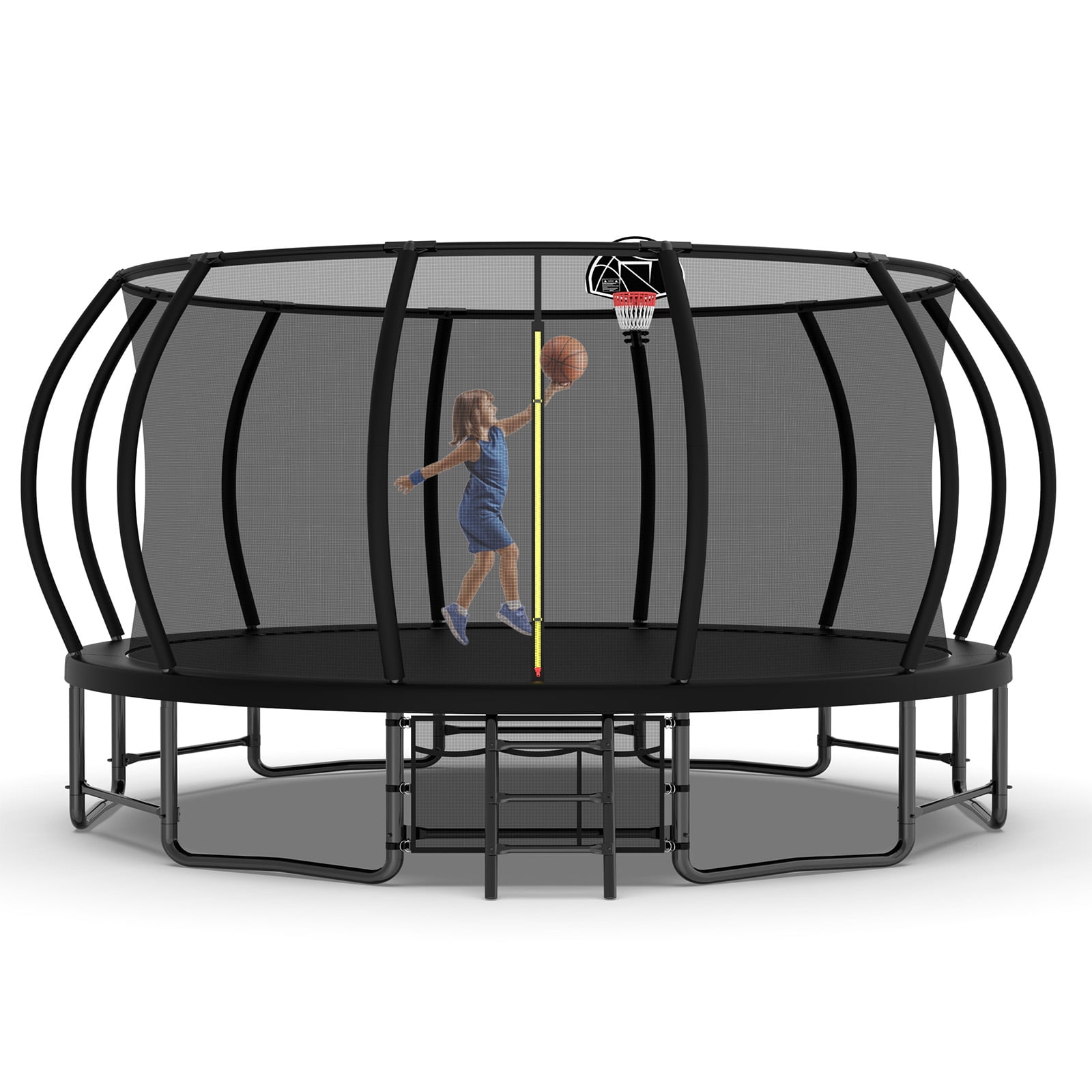 Leumius 16 ft Outdoor Recreational Trampoline with Safety Enclosure, Ladder, and Basketball Hoop (Black, 16 ft) j4kjx