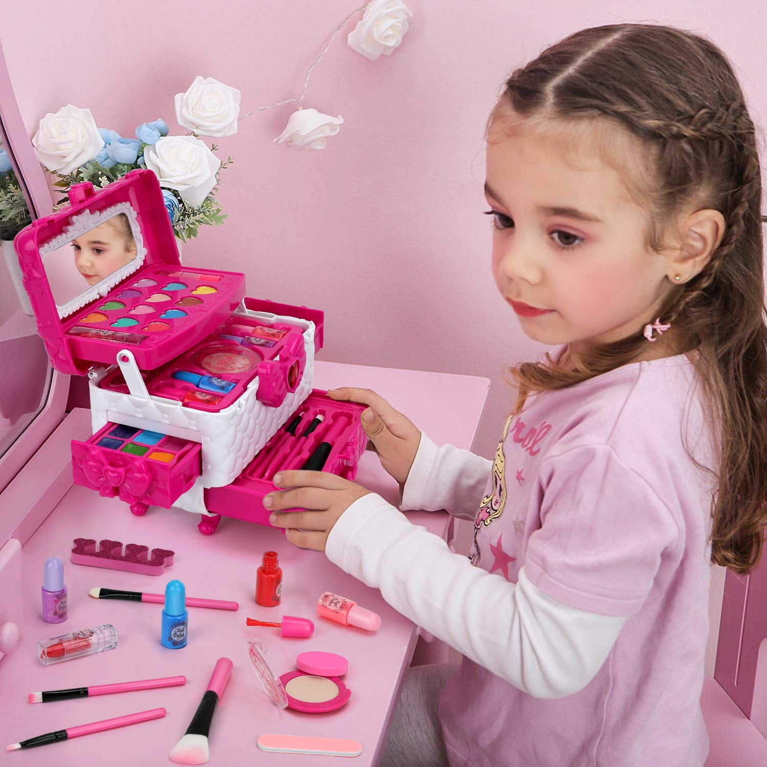 Sendida Kids Washable Makeup Kit Princess Vanity Play Set (Rose, 45-Piece) au4rh