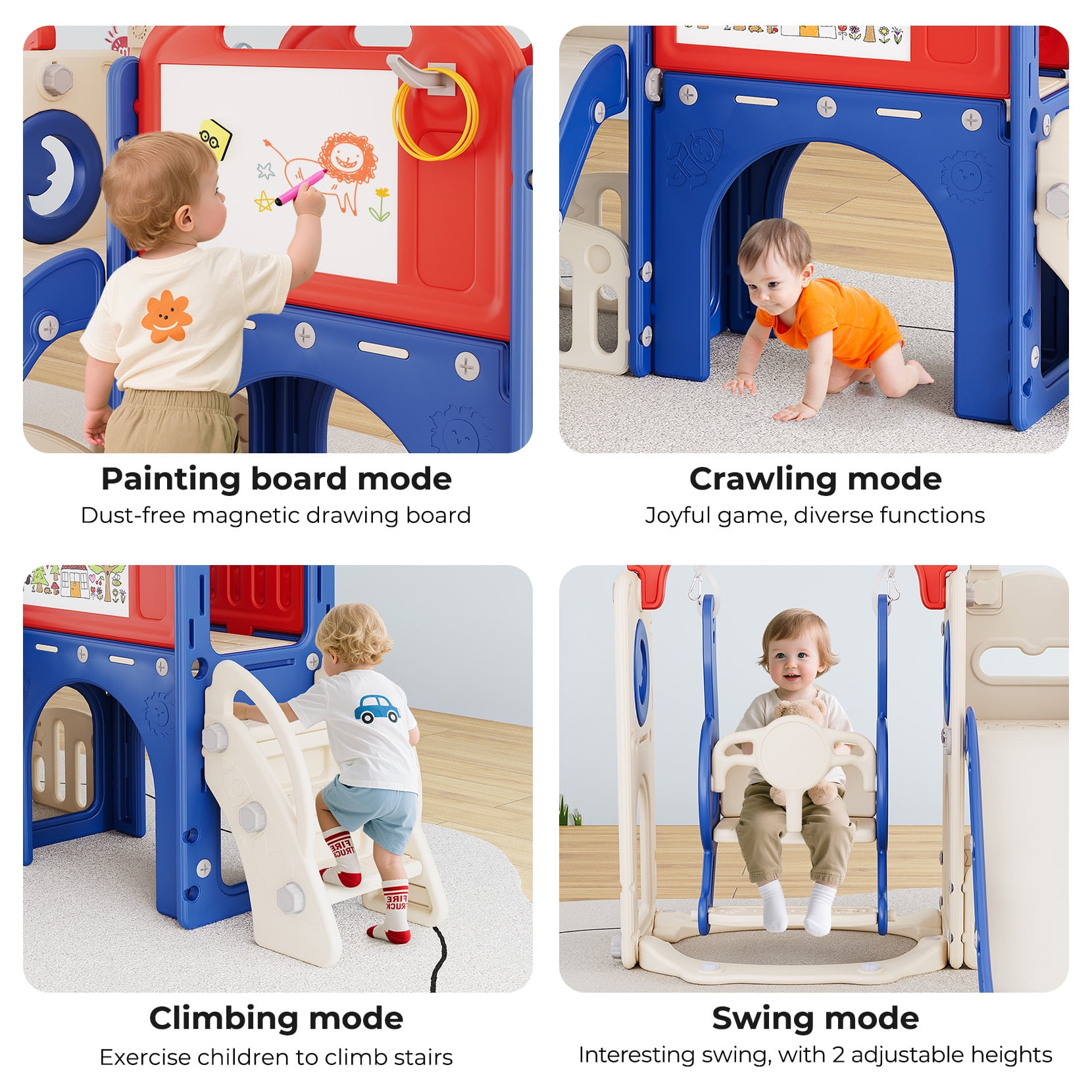 Bobiber 11-in-1 Toddler Playground Slide and Activity Center (Blue/Red, 1 Unit) gxwhr