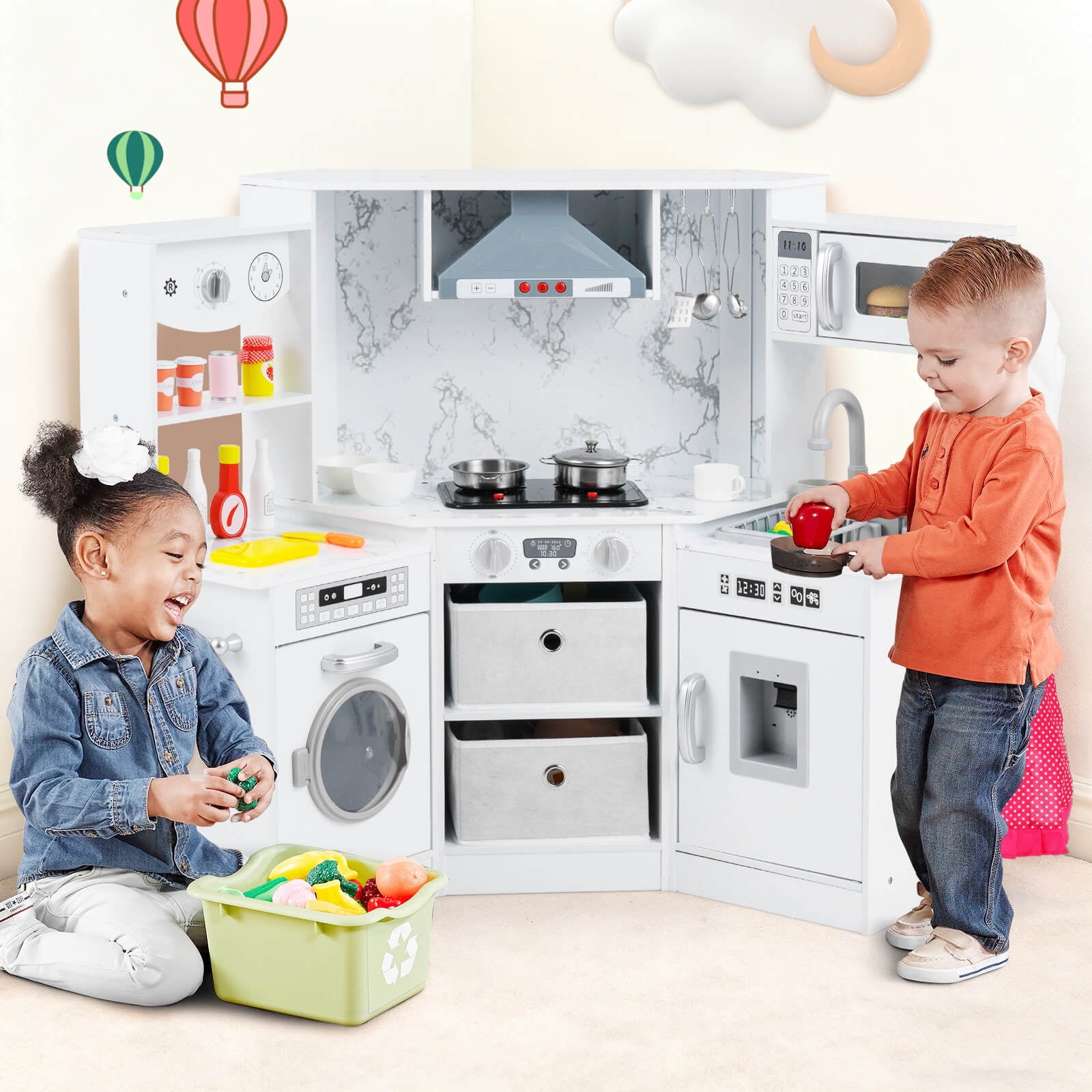 Costway Wooden Kids Play Corner Kitchen Set with Realistic Lights and Sounds (White, 36 in x 36 in x 36 in) xwfi8