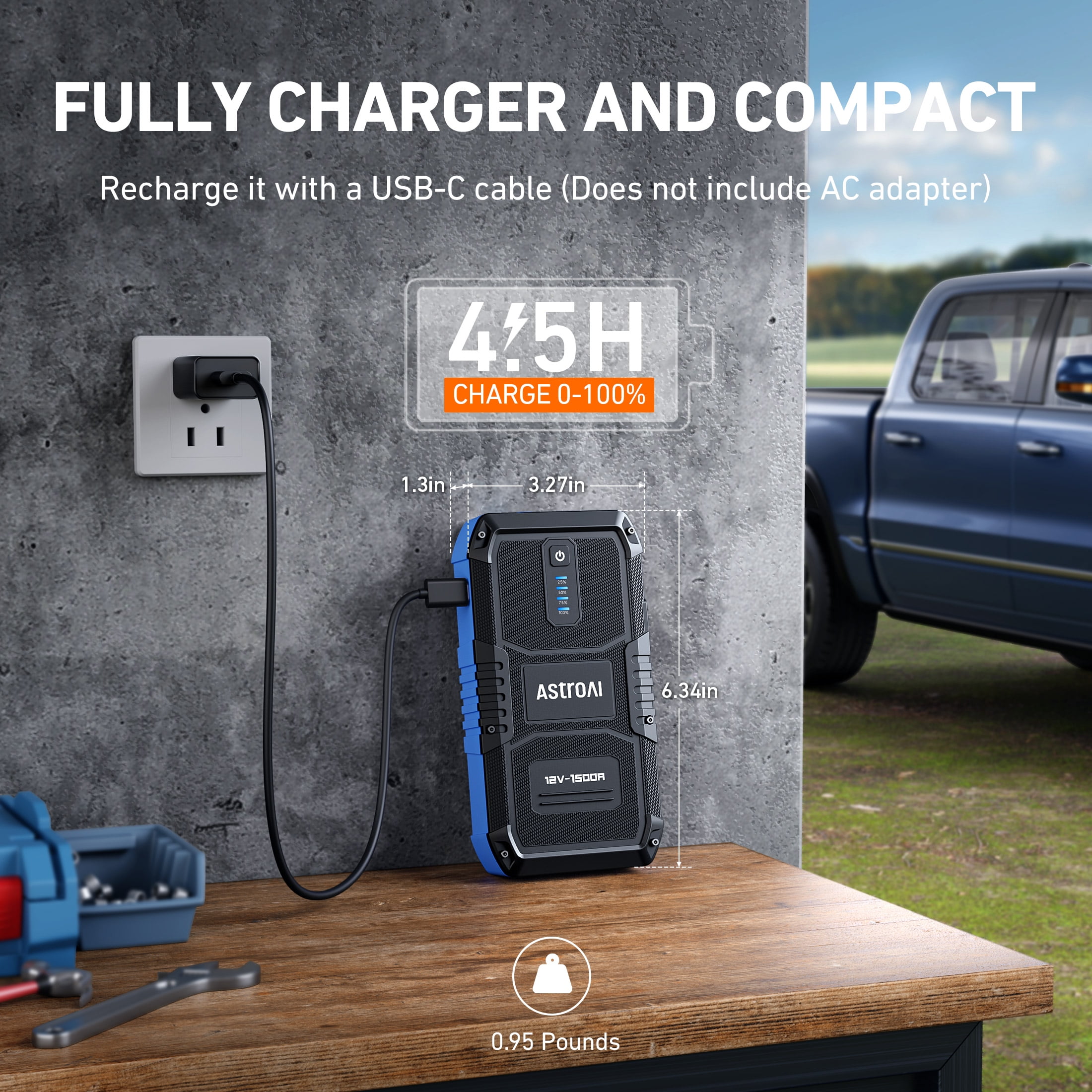 AstroAI 1500A Portable Car Jump Starter Battery Booster (Blue, 12V) nqxyq
