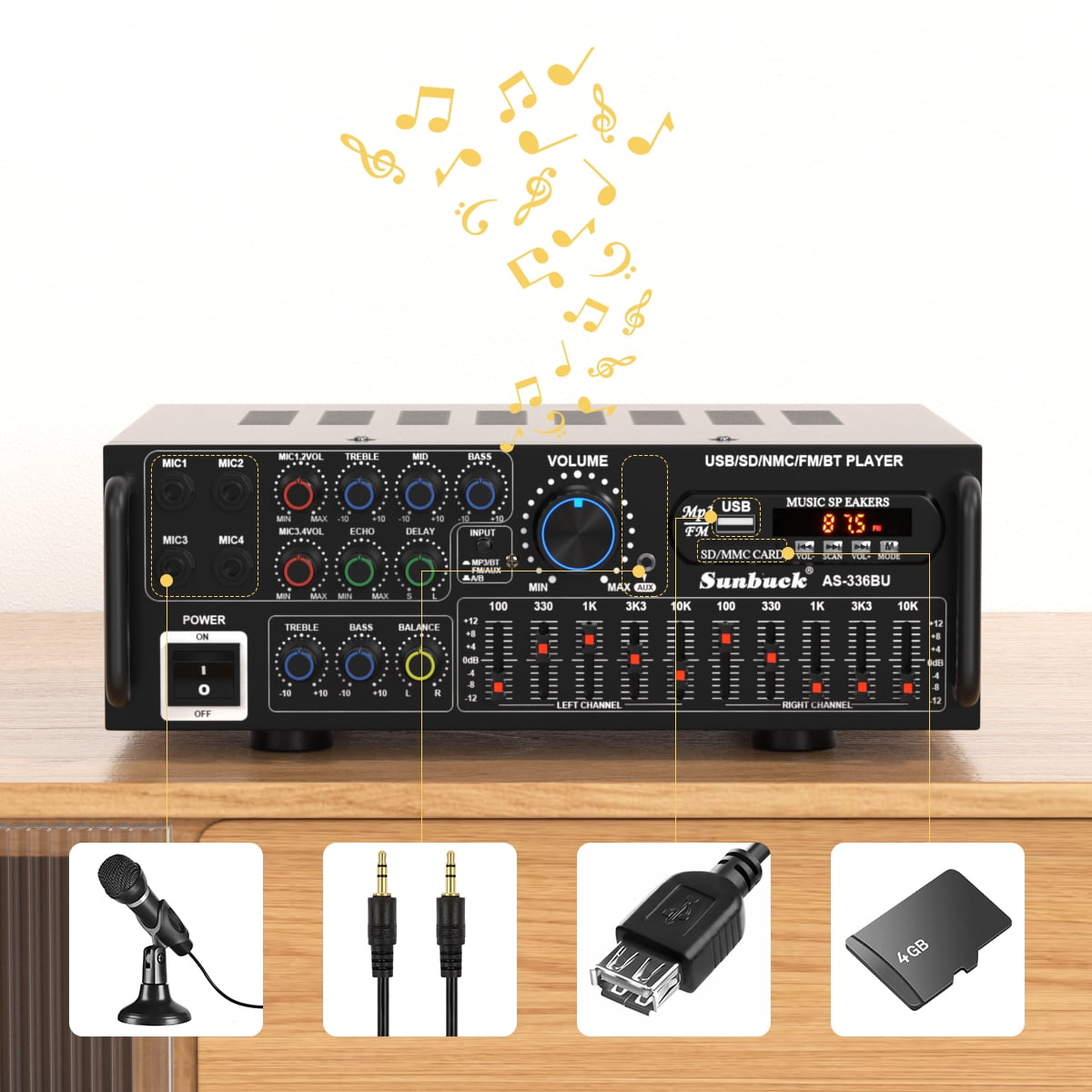 Topteng Stereo Receiver Amplifier with Bluetooth 5.0, 2000W HiFi Home Theater Audio System, 4 Mic Inputs, FM, USB, SD, AUX (Black, 11.4x3.7x9.4 in) dacqh