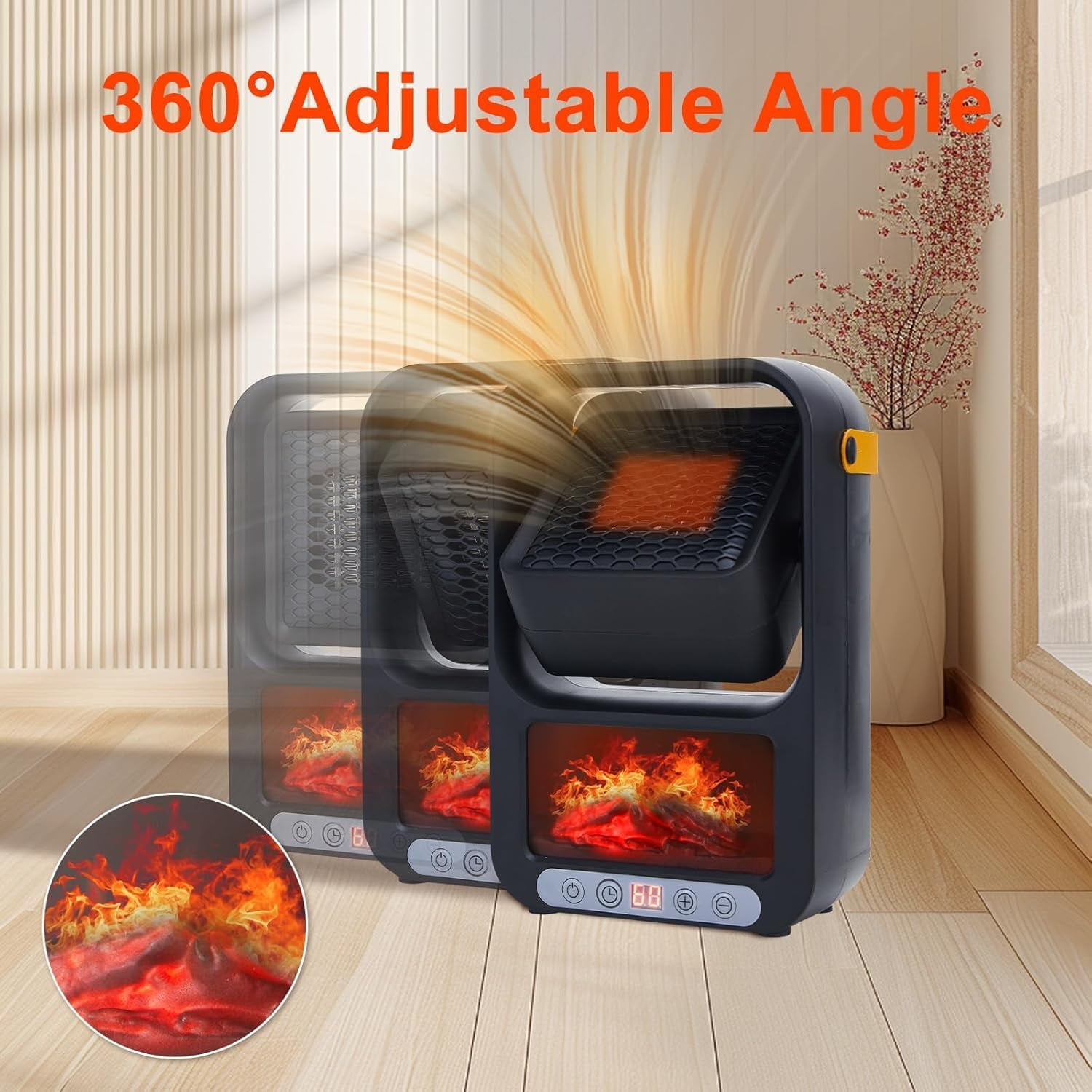 Facvoer Portable Electric Space Heater, Desktop Fireplace with 3D LED Flame and Thermostat (Black, 800W) 6b34z