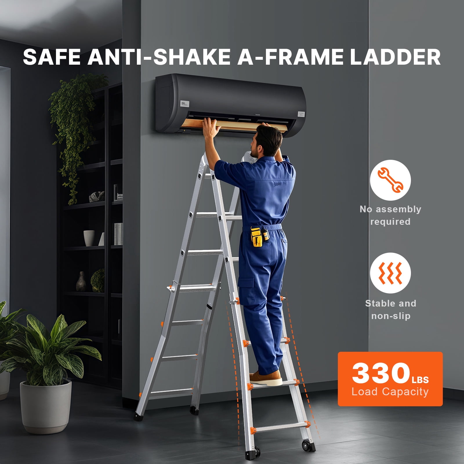 KFFKFF A-Frame Telescopic Extension Ladder, Multi-Purpose Aluminum Foldable Ladder for Home and RV (Silver, 15 ft) 2lz24