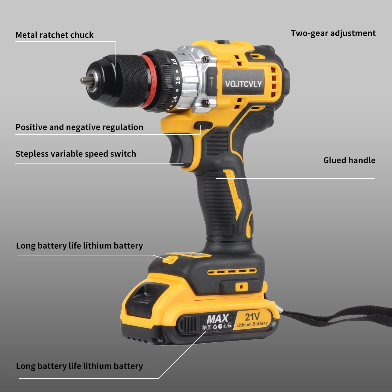 Euur 21V Brushless Cordless Power Drill Set with Battery, Charger, and 26-Piece Accessory Kit (Yellow, 3/8 in Chuck) twn5s