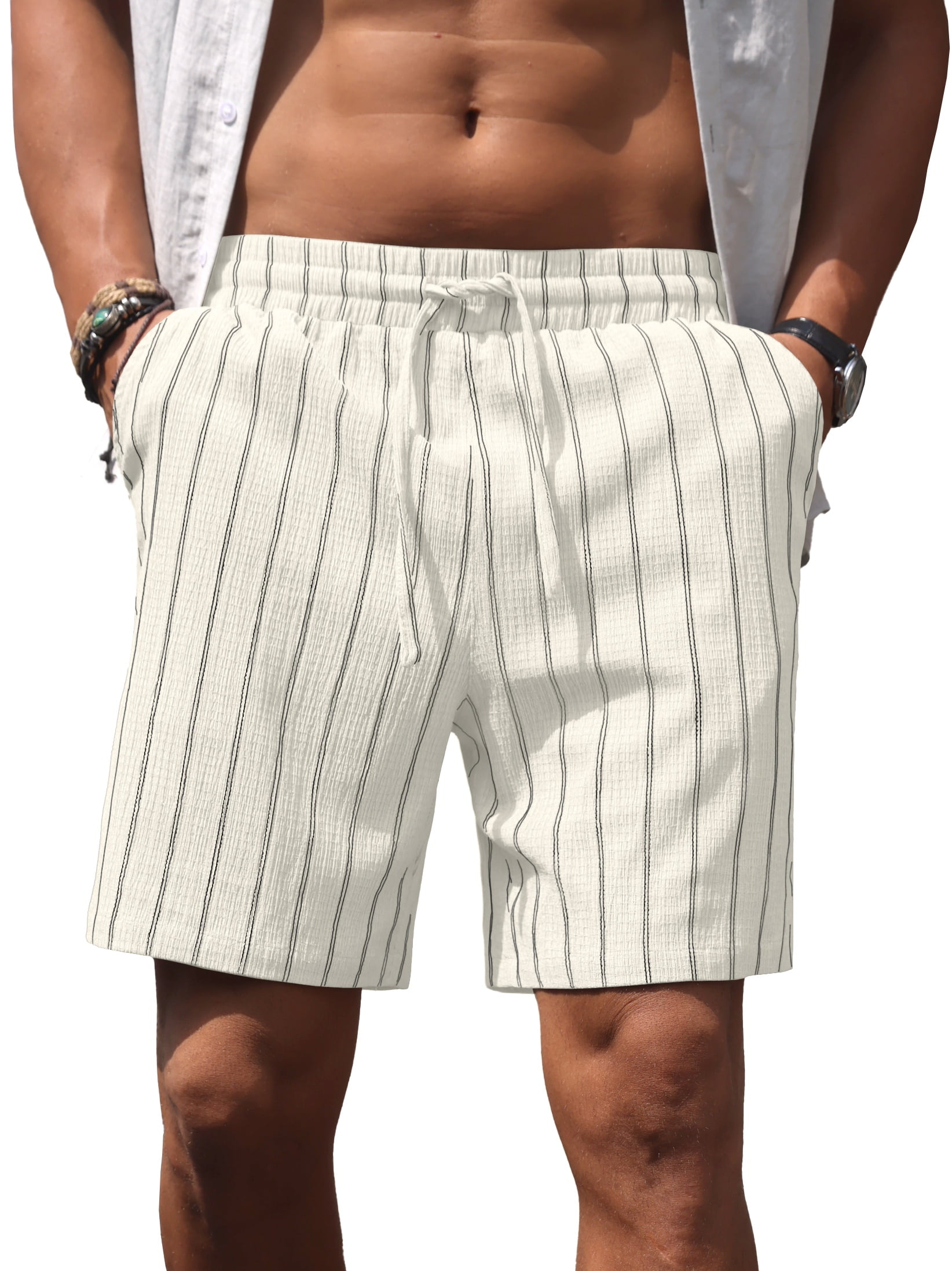 GIRUNS Mens Casual Striped Shorts Lightweight Beach Drawstring Elastic Waist with Pockets (White, L) z5k86