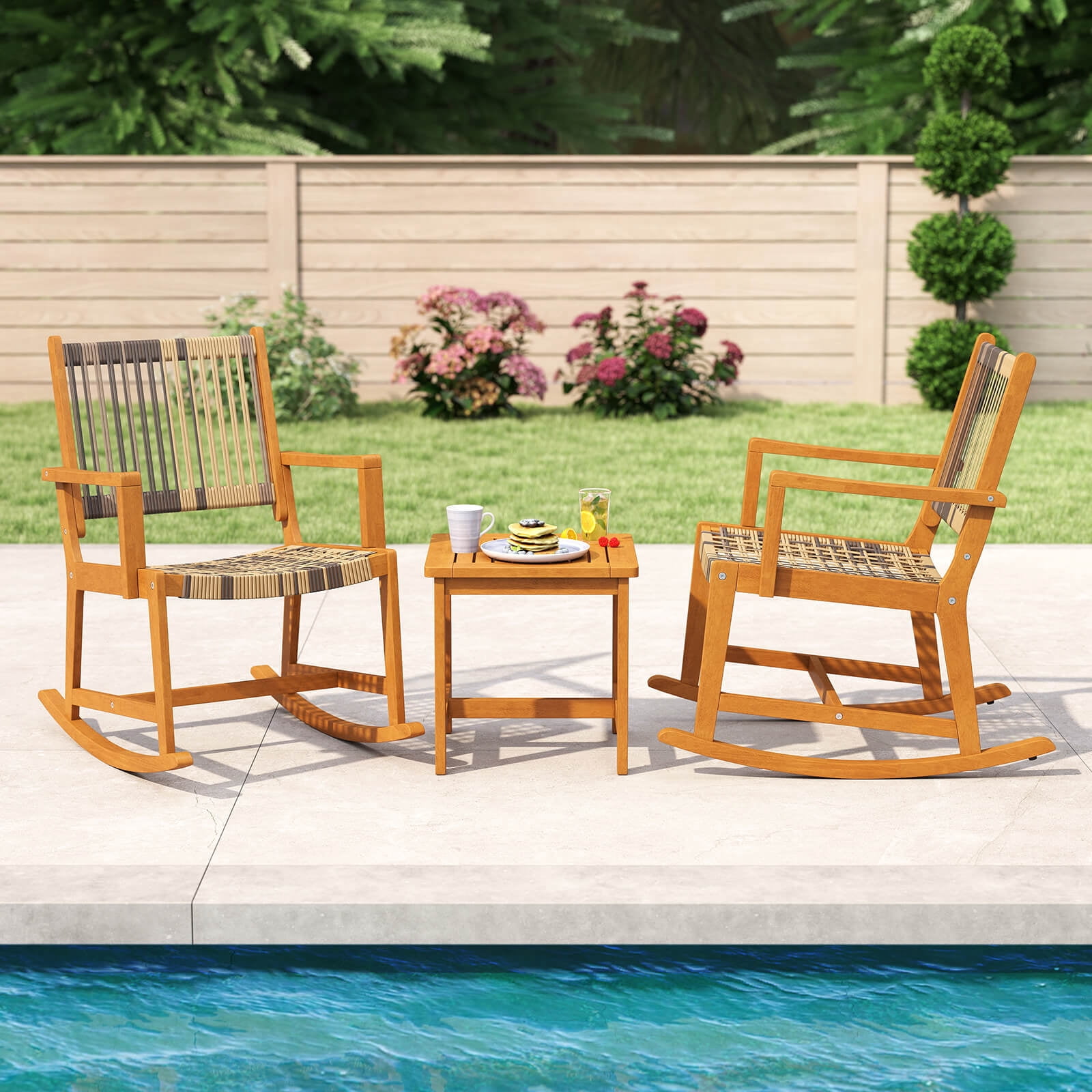 Costway 3 Piece Patio Rocking Bistro Set with Rattan Chairs and Square Side Table (Brown, 3 Piece Set) z81pt