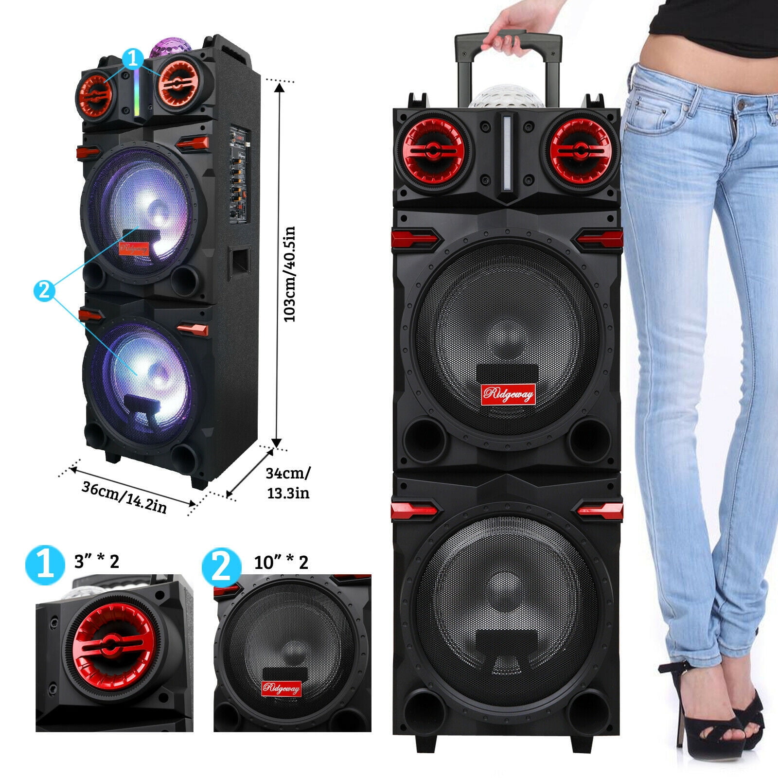 Dazone Portable Bluetooth Party Speaker with Dual 10 in Woofers, LED Lights, and Karaoke Function (Black, 4500W) 3e3co
